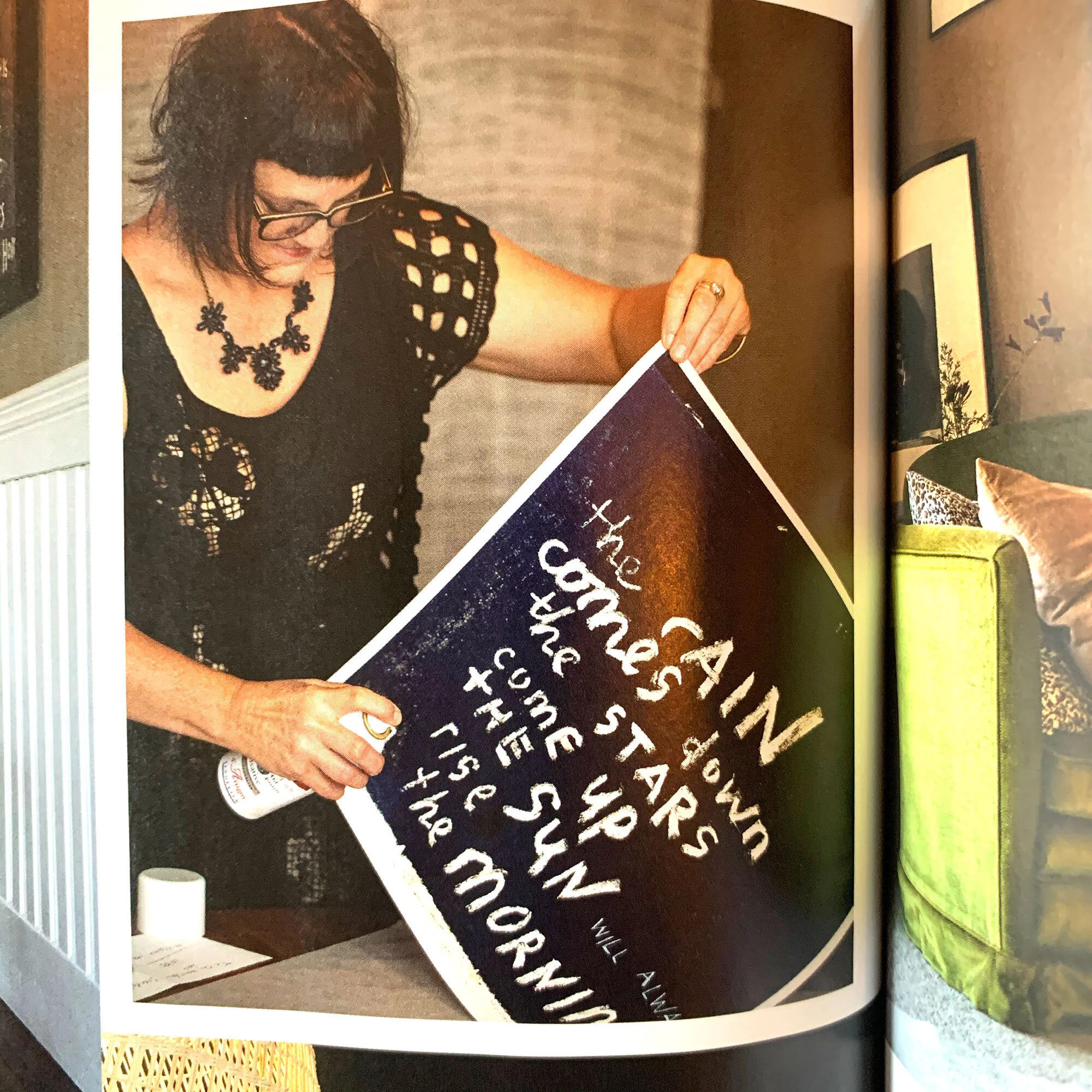  THE RAIN COMES DOWN    Another limited edition studioprint I was working on for a client the day the photographer came.      I made this artwork to remind myself that no matter how tough the day, or how heavy my heart feels, the stars will comes up and the sun really will rise.     The poem reads: the rain / comes down /the stars come up / the sun / rises / in the  morning    The print I’m holding is a medium size of  the rain comes down 2019 .  This print is special edition one - I created it especially for a woman who gave it to her husband for his 50th birthday.  She asked me to add the words “will always”, so that the poem read “the sun will always rise” because that was a phrase her husband often used.  I really enjoy collaborating with someone to create a bespoke print - as long as the words resonate and have meaning for me, which these words certainly did.   