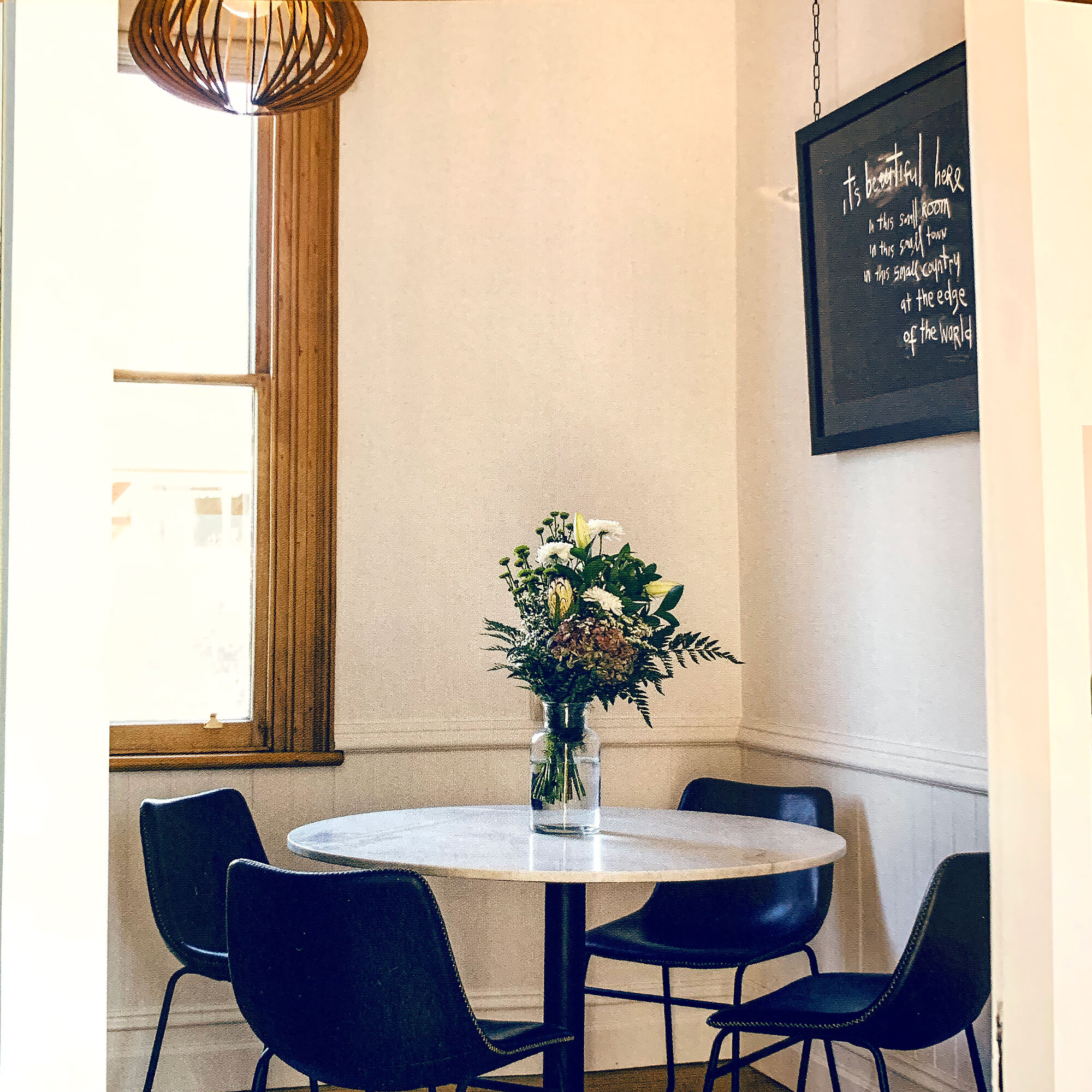  AT ALICE AND CALEBS”  Alice &amp; Caleb, from  Pearson and Projects , who won The Block in 2013, chose to put  it’s beautiful here at the edge  in a large size, in their 2019 reno in Alexandra.  Alice chose the black on black framing as a dramatic focal point to the parted back dining room.  I totally dig how she hung it using chain.  