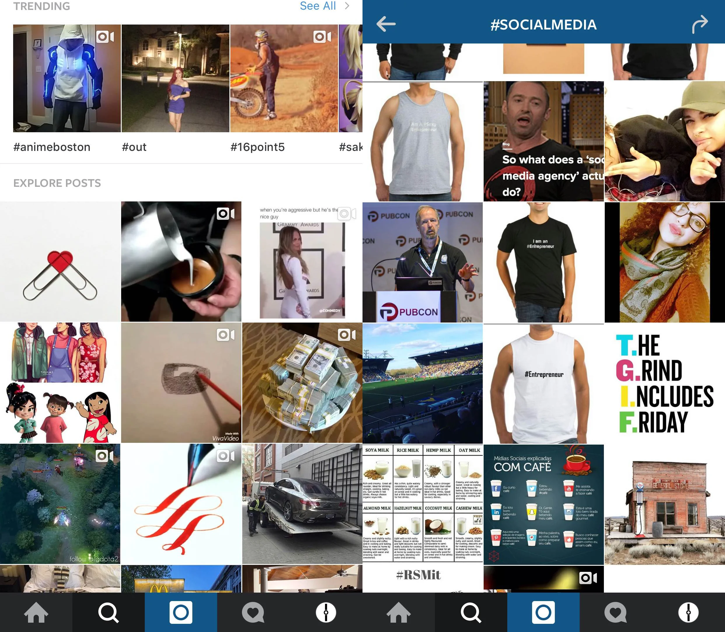 In the Trending image on the left, you can see that the girls heads are cutoff on the second image down, in the far left column. In the #SocialMedia search image on the right, you can see that the top image in the middle column has text running off to the right. Compare these to other images that were posted with a 1:1 ratio in mind and ask yourself which is more aesthetically pleasing at first glance.