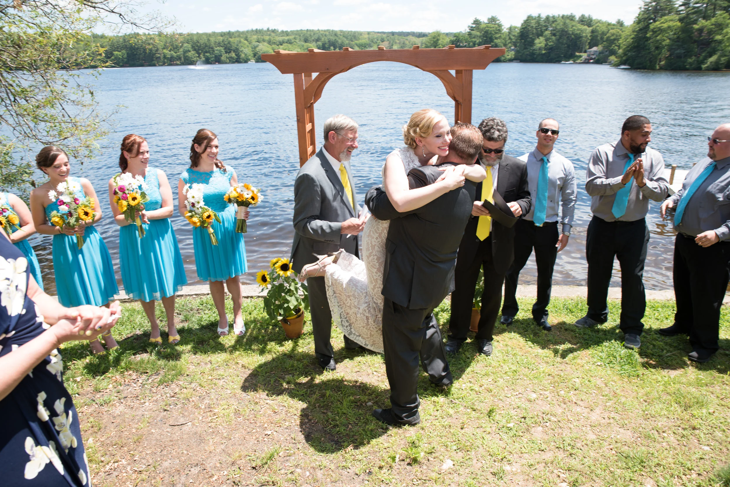 Lisa and Nate, weddings, Fall, Autumn, marriage, nature, October, Brian, Latham, wedding photography, rustic, woodsy, woods, DIY, Connecticut, Massachusetts, lake, sunflower, pond, yellow, simple, gorgeous, bouquet, ceremony