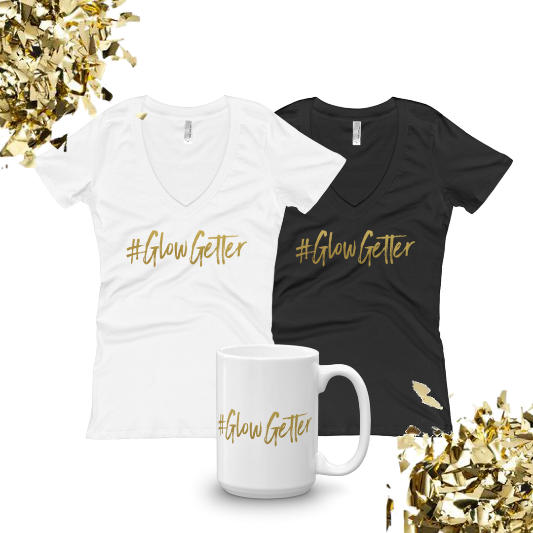 Gold Lettered #GlowGetter Women's Tee & Mug