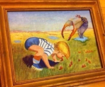 Thrift store painting featuring scary claw by guest CLAW artist Chandler Woodfin of Feast Arts Center and on display at 1120 Creative House for third Thursday art walk.