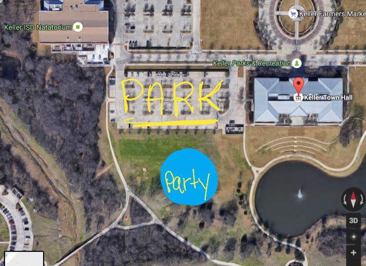 PARKING INFORMATION: Please park in the southernmost spots in the lot between the Town Hall and the Keller ISD Natatorium. Look for us in the field!