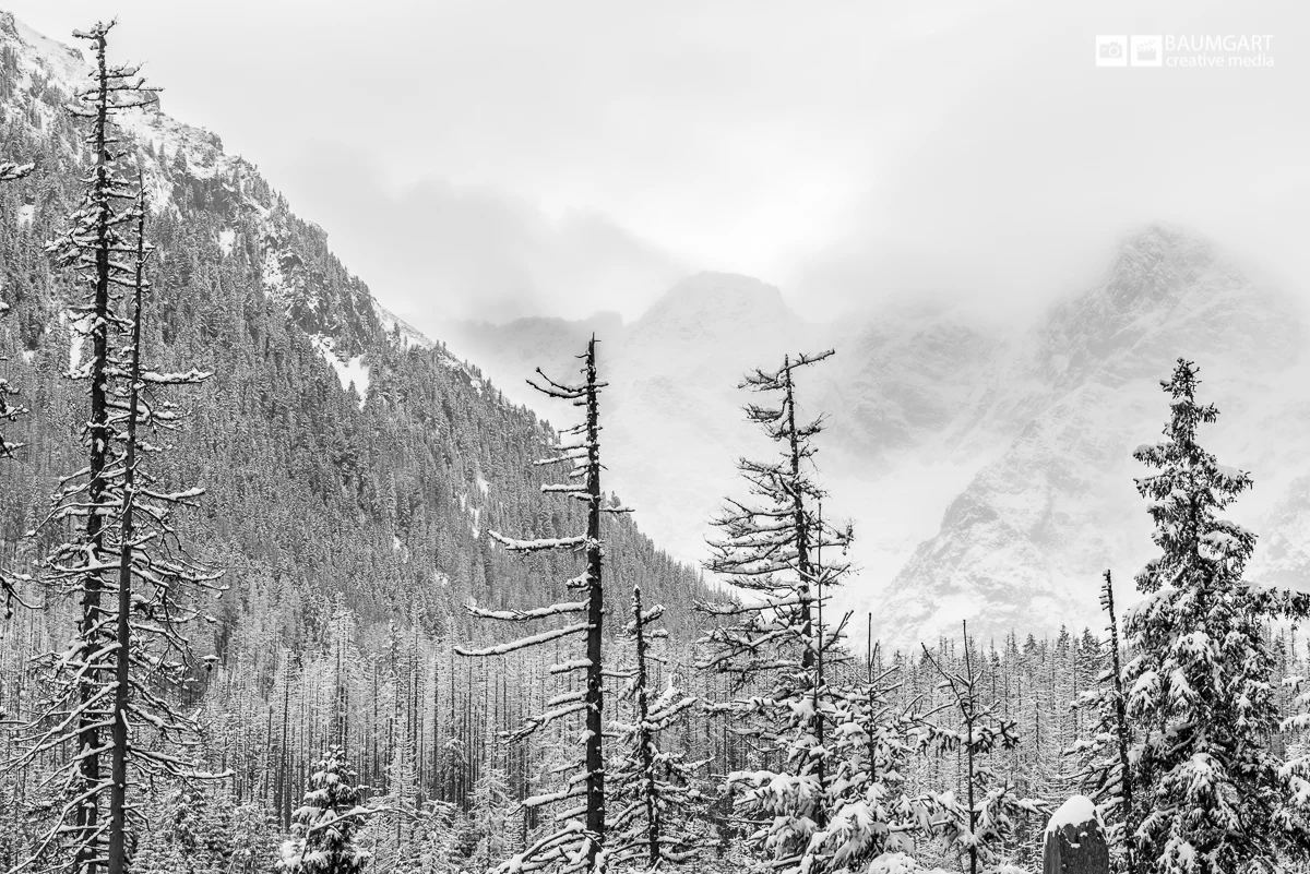 Black and white winter photography of Tatra mountains in Poland by Jeff Baumgart