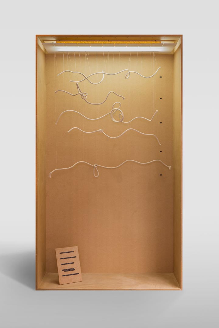 Standard Titlings 2016. MDF cabinet, sash cord, cotton thread, steel pins, dymo tape, LED lighting. 20o x 140 x 40 cm