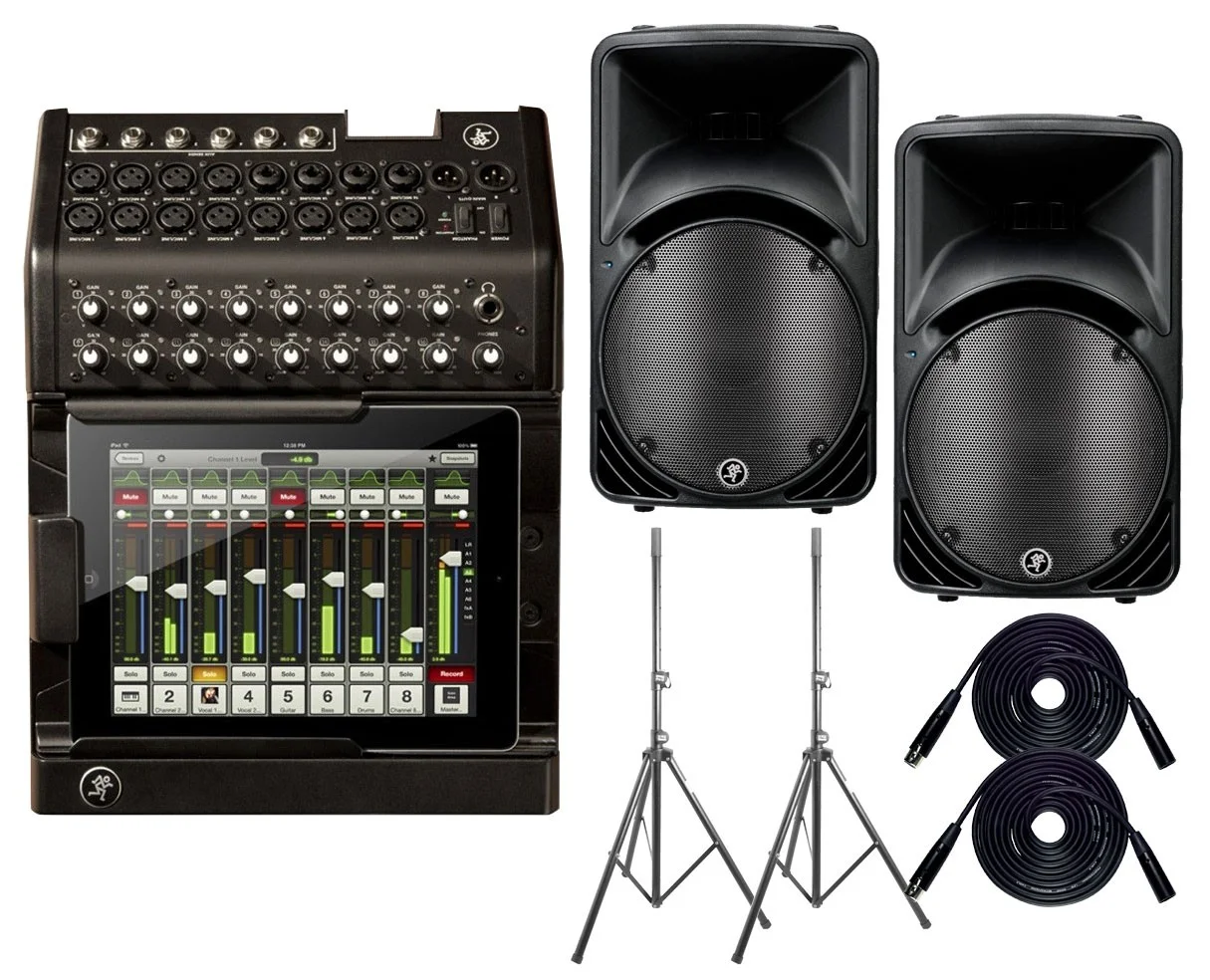 Basic digital PA system including Mackie DL1608 mixer and Mackie SRM450 powered speakers. You'll need to add iPad(s), iPhone(s), and a wireless router, along with mics, stands, and possibly monitors to complete the rig.