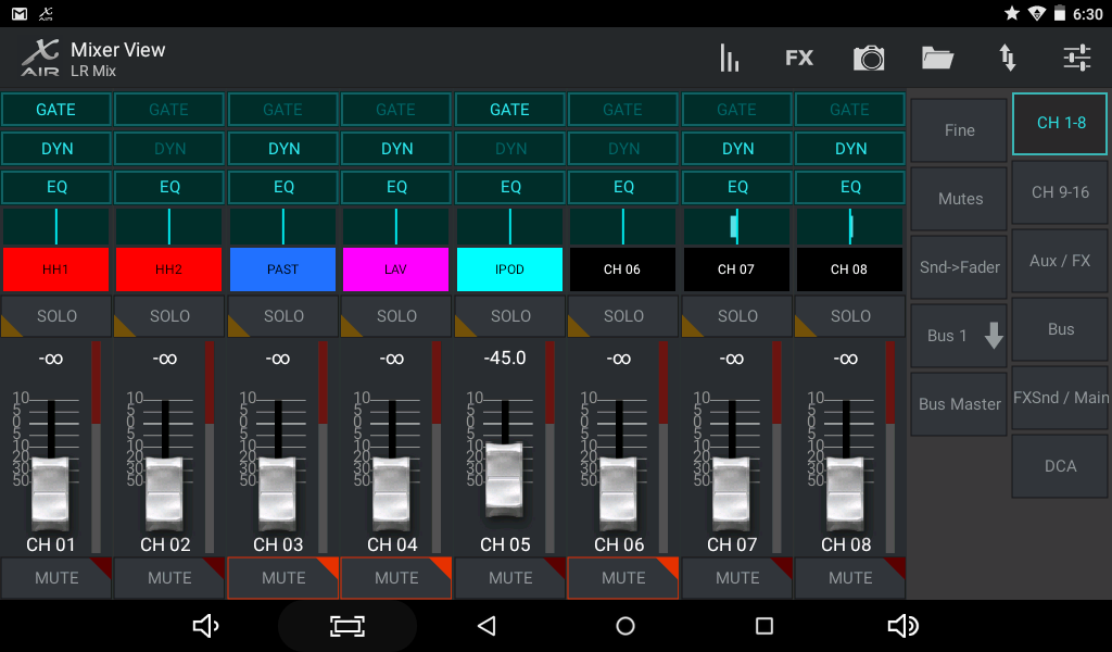 Behringer X-Air App (default layout) on a small Android tablet