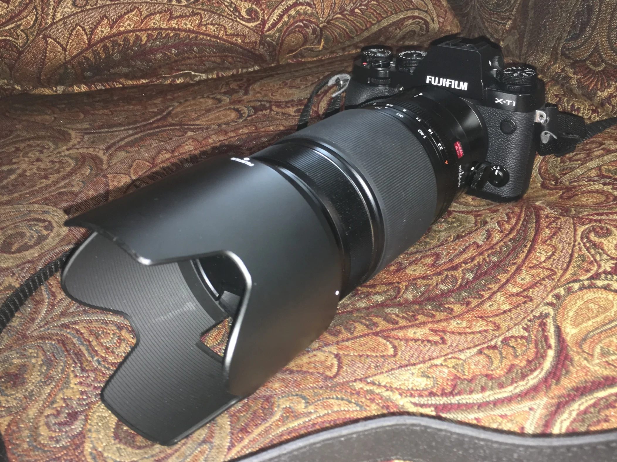 Fujifilm X-T1 with Fujifilm XF 50-140mm f/2.8 lens. This is some fancy kit, so I felt it deserved a posh, paisley background.