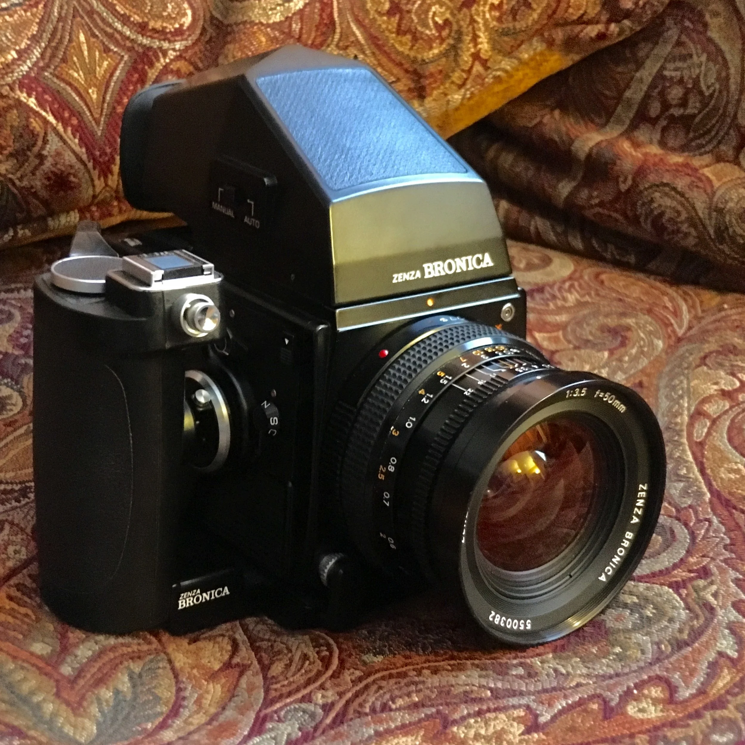 Zenza Bronica SQ-A, Zenzanon-PS 50mm f/3.5, AE Prism Finder S, Speed Grip S. Image made with iPhone 6s and Moment 60 telephoto lens attachment, in completely inadequate light, processed with Photos on the iPhone.