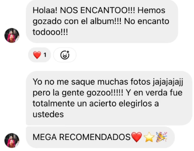 Captura de pantalla de una conversación de mensaje de texto con texto en español. La conversación expresa entusiasmo por un álbum musical, con emojis de corazón, estrellas y celebración.