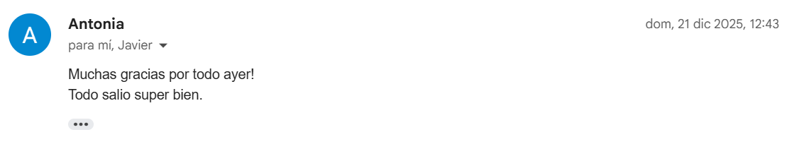 Correo electrónico con mensaje de agradecimiento y conformidad.