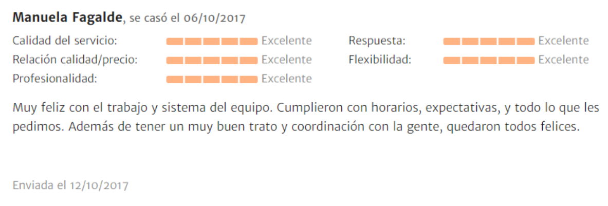 Evaluación positiva de un servicio de limpieza realizado por Manuela Fagalde, con altos estándares en calidad, relación calidad-precio, energía, respuesta, flexibilidad, y profesionalismo, en diciembre de 2017.