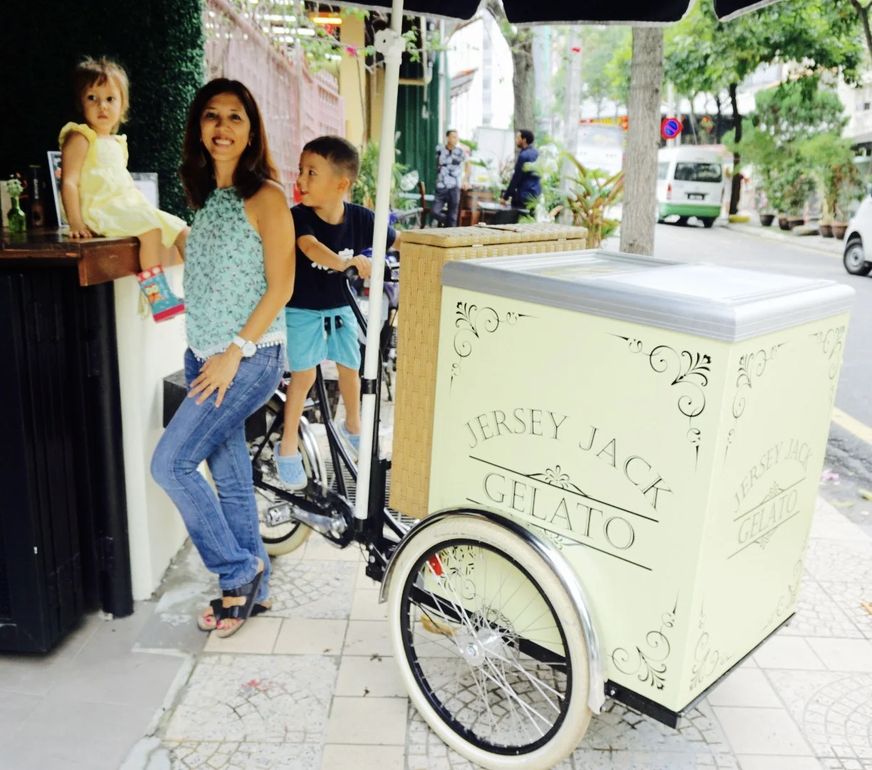 Posing on one of Jersey Jack's mobile tricycles 
