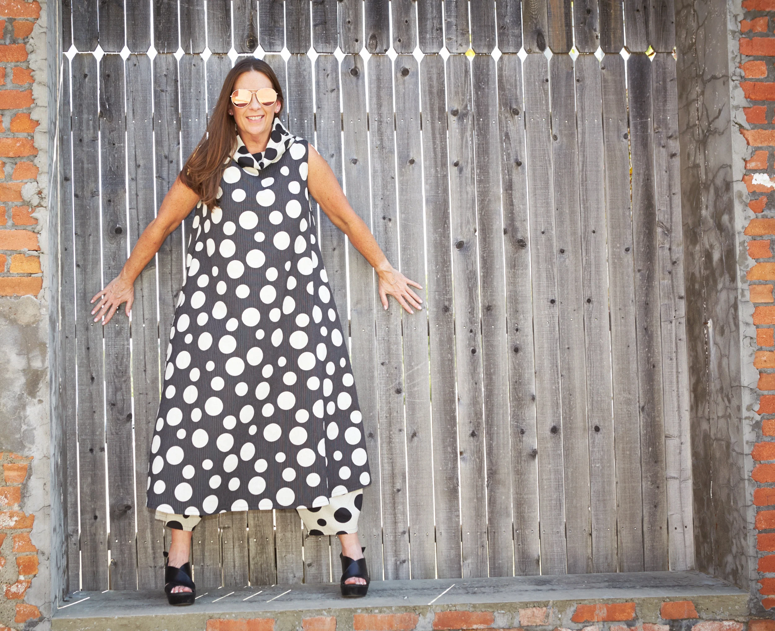Henrietta Dress, Oliver Pant in Italian Dots & Stripes