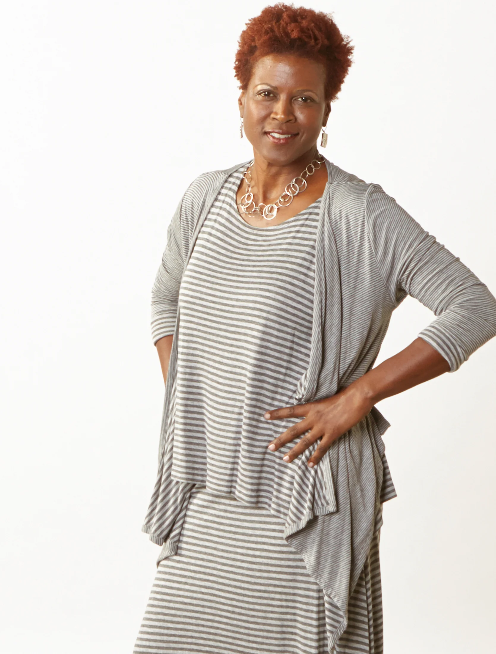 Alta Cardigan, Renee Tank, Gaucho Pant in Grey Double Stripe Jersey