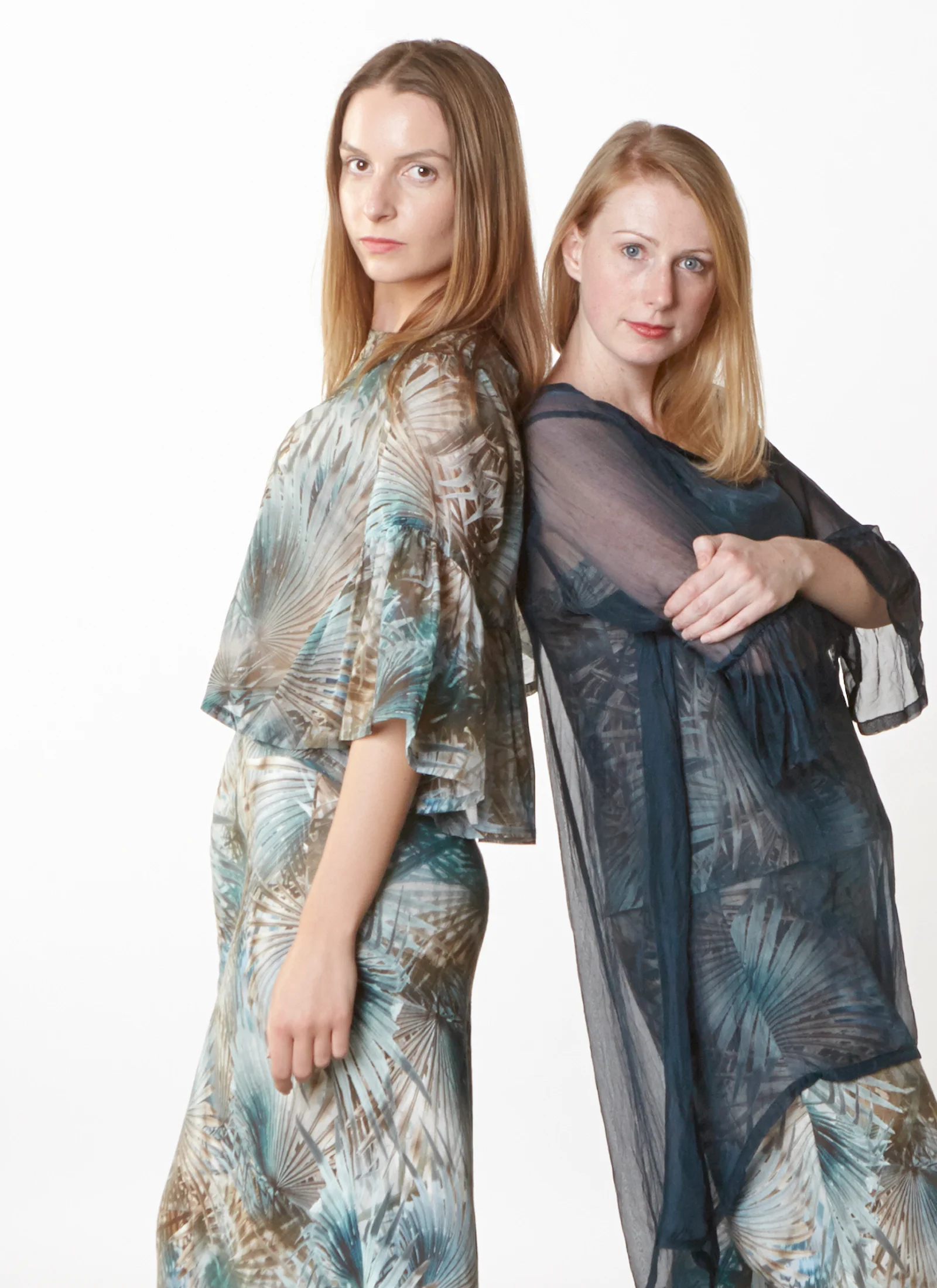 Frida Shirt in Palma Italian Cotton/Silk, Luella Dress, Lucy Tank, Long Bias Skirt in Palma Italian Linen, Phryne Tunic in Teal Italian Sheer Tie Dye Silk