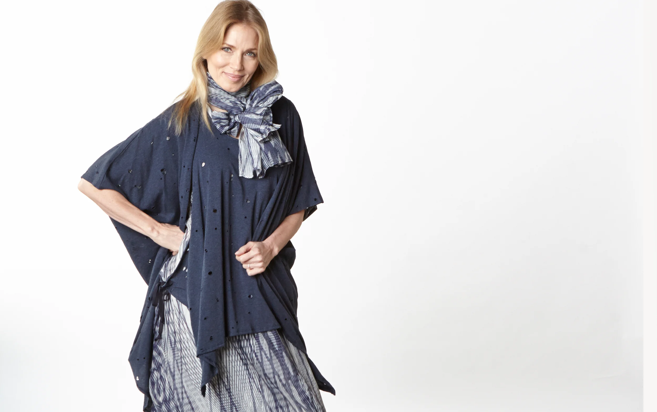 Annette Cardigan, Zara Vest in Navy Italian Fori Jersey, Scarf, Petra Dress in Netto Italian Cotton/Silk