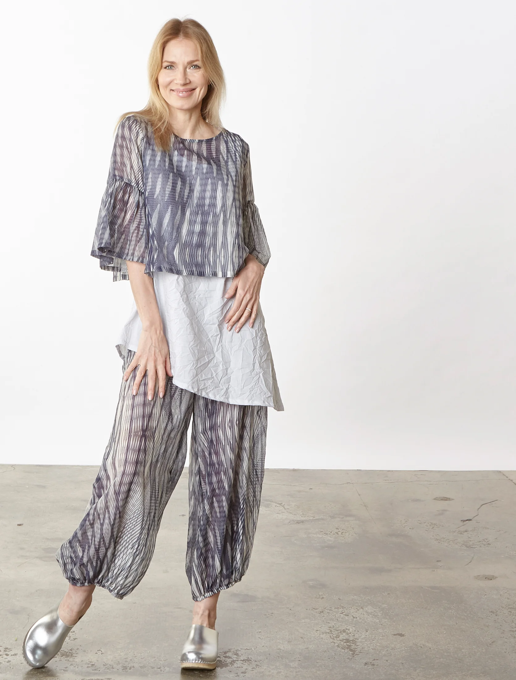 Frida Shirt, Bell Pant in Netto Italian Cotton/Silk, Una Tunic in Ice Italian Crinkle Cotton