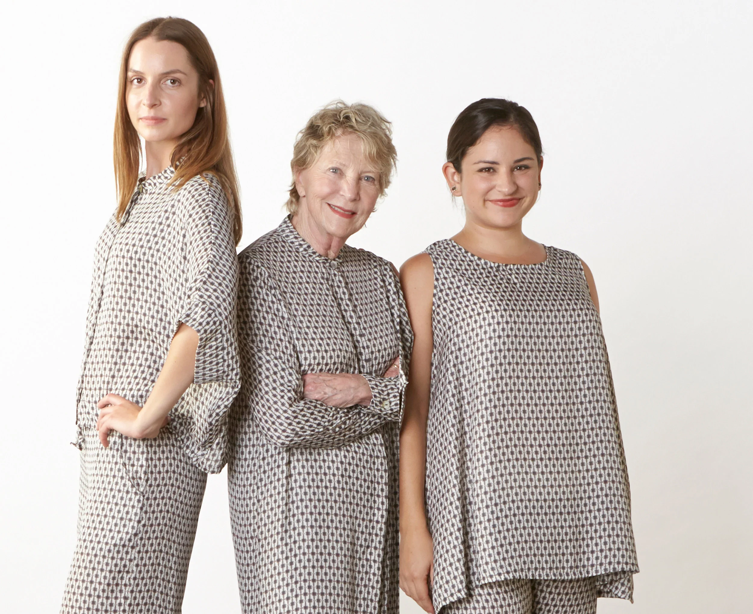 Joe Shirt, Sasha Pant, Shanna Shirt, Long Trapeze Tank, Oscar Pant in Geo Italian Print
