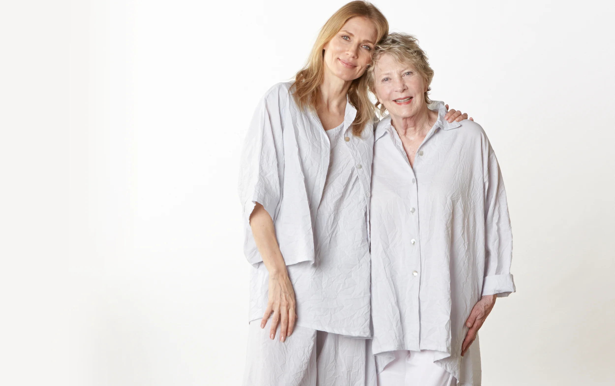 Joe Shirt, Una Tunic, Hamish Pant, Mirren Shirt in Ice Italian Crinkle Cotton