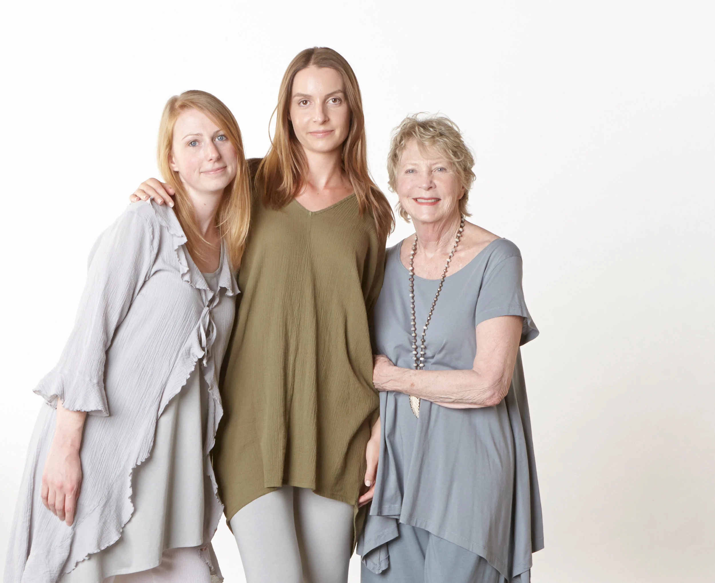 Camille Cardigan in Pier, Raquel Tunic in Grove Cotton Gauze, Charlie Shirt in Loon Pima Cotton