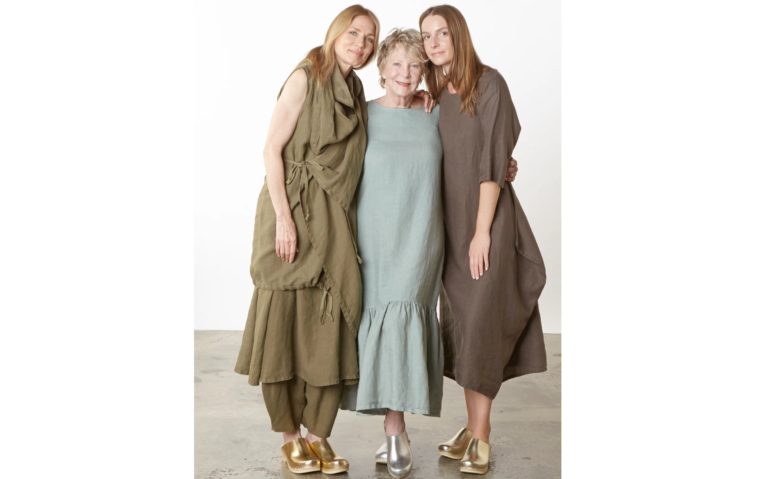  Eve Vest, Henrietta Dress, Oliver Pant in Grove, Seraphina Dress in Shore, Pilkington Dress in Kvass Light Linen