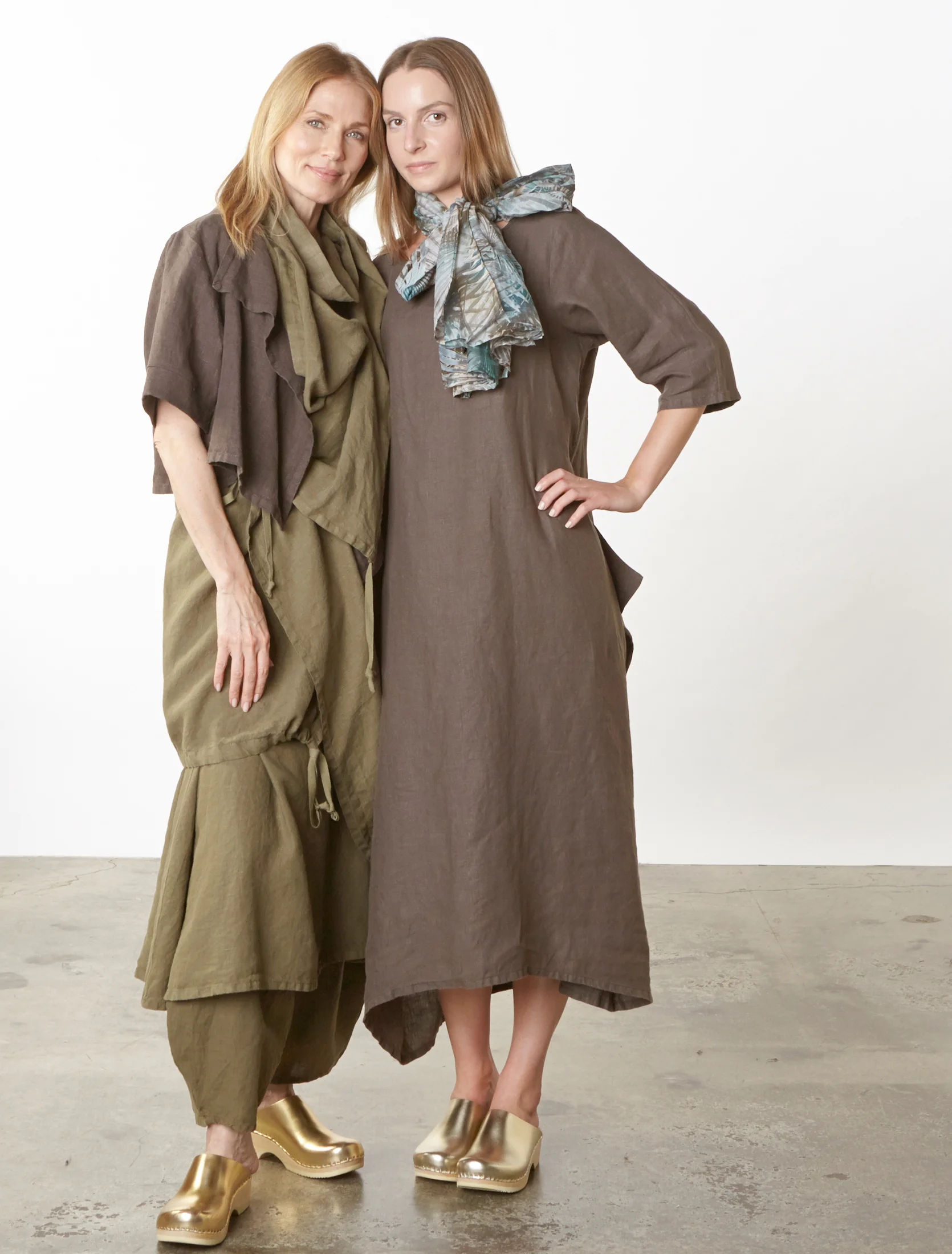 Malin Jacket in Kvass Heavy Linen, Eve Vest, Henrietta Dress, Oliver Pant in Grove, Pilkington Dress in Kvass Light Linen