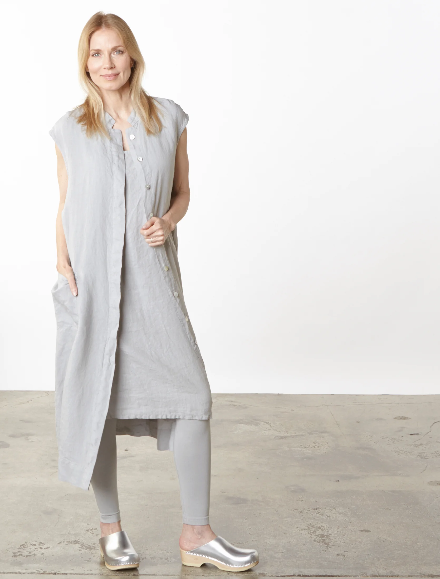 Keaton Vest, Luella Dress in Pier Light Linen, Legging in Pier Organic Bamboo Cotton
