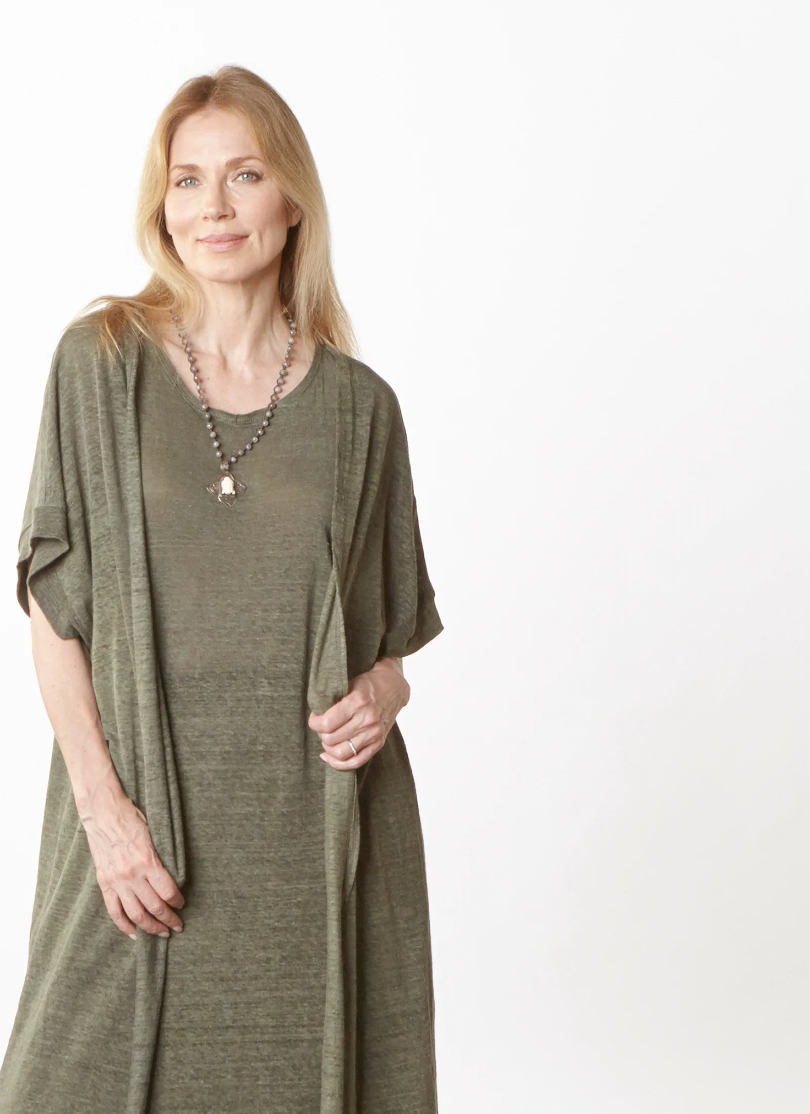 Ezra Cardigan, Pippa Dress in Verde Italian Linen Knit