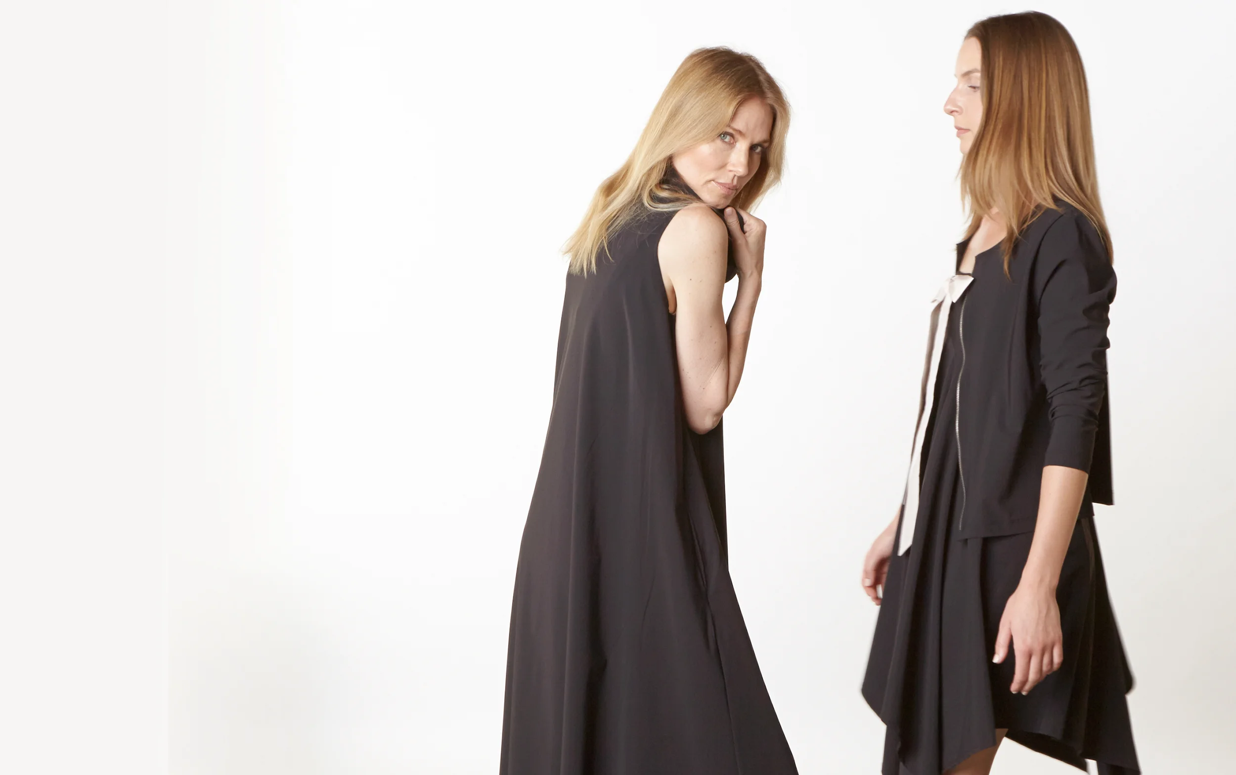Henrietta Dress, Betz Cardigan, Bianca Skirt as Dress in Black Italian Microfiber Jersey
