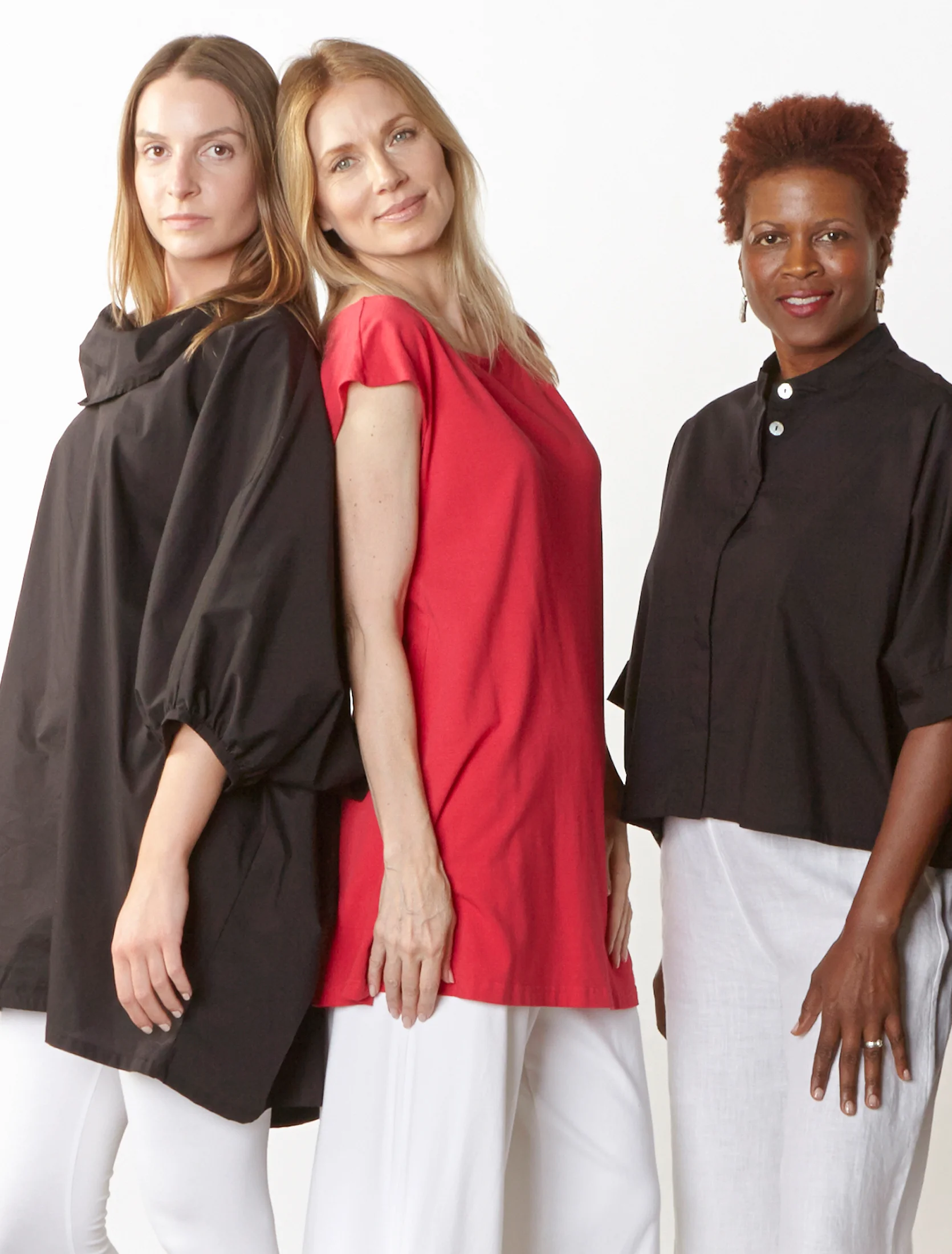 Wilde Tunic, Joe Shirt in Black Stretch Poplin, Dylan Tunic in Valerian Organic Bamboo Cotton