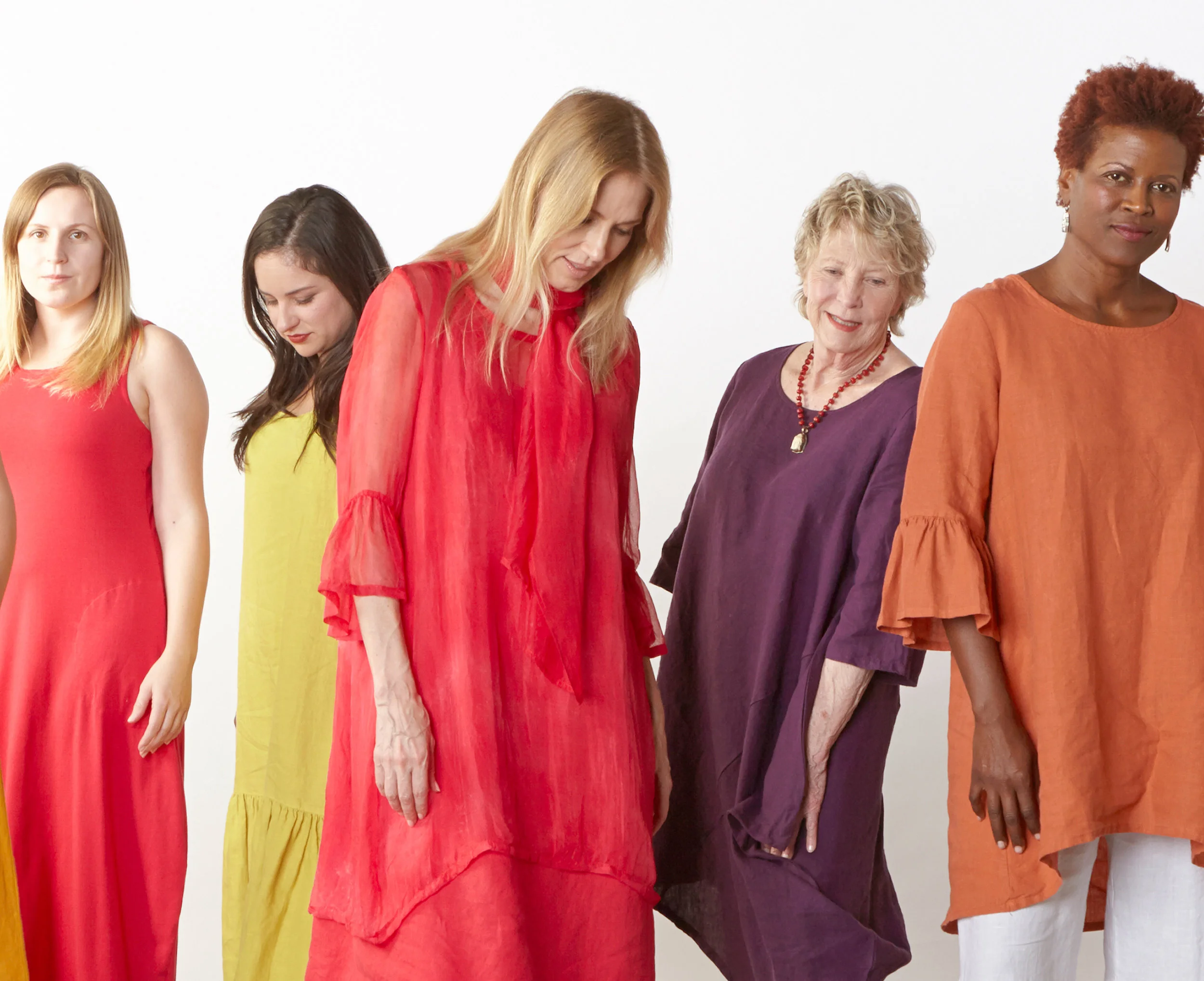 Pippa Dress in Valerian Organic Bamboo Cotton, Salome Dress in Oriole, Luella Dress in Valerian, Naida Tunic in Myth, Phryne Tunic in Tamarind Light Linen, Scarf, Phryne Tunic in Fuchsia Italian Sheer Tie Dye Silk