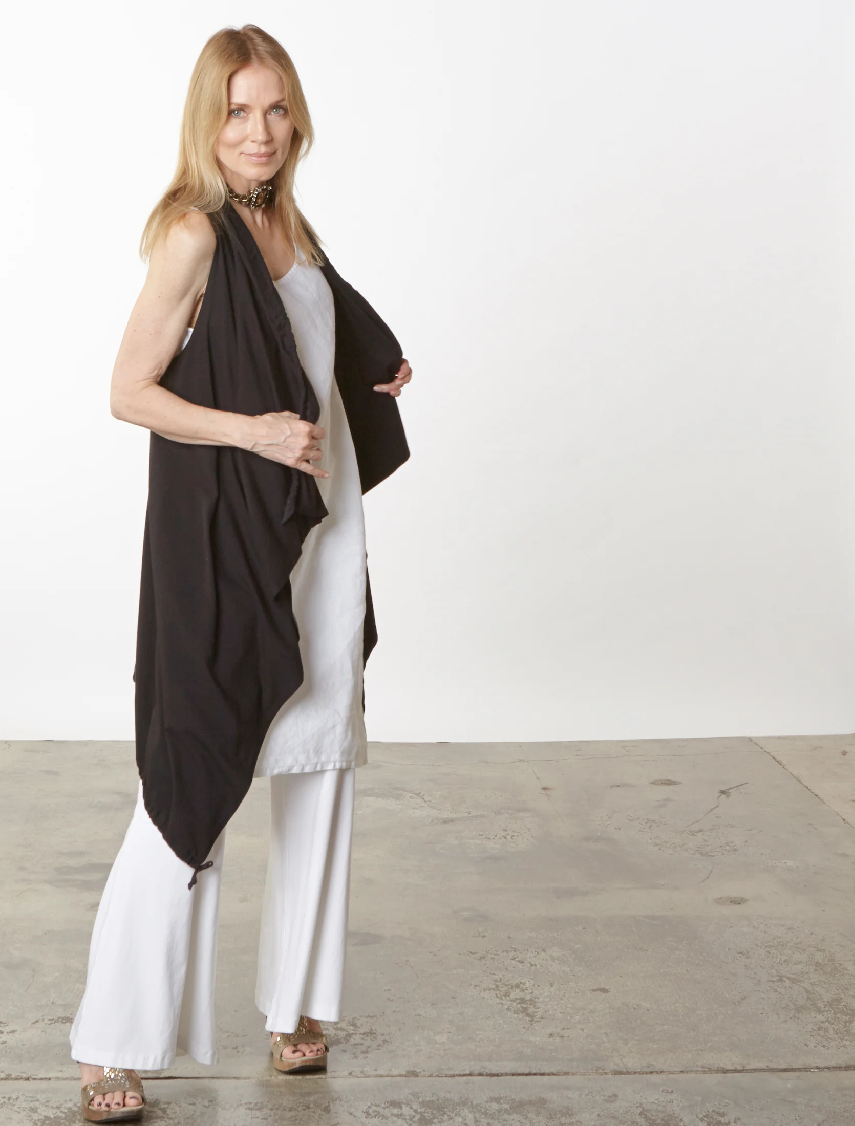 Eve Vest in Black, Oscar Pant in White Organic Bamboo Cotton, Luella Dress in White Light Linen