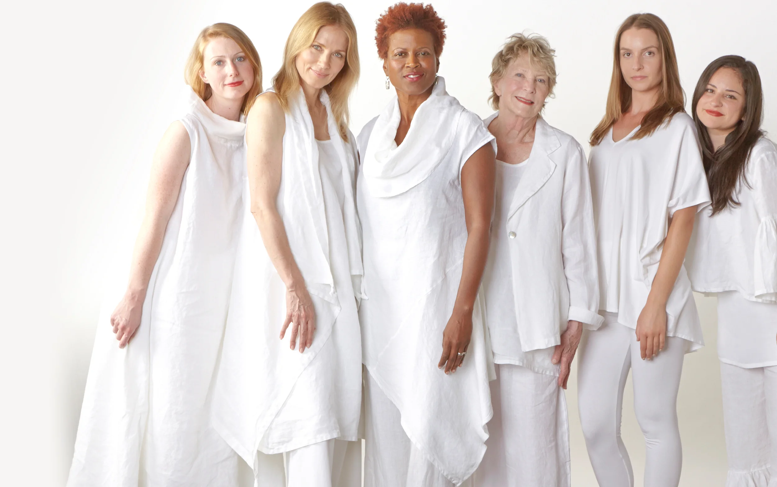 Henrietta Dress, Eve Vest, Noa Tunic, Alicia Jacket, Long Trapeze Tank, Frida Shirt in White Light Linen, Justin Tunic in White Organic Bamboo Cotton