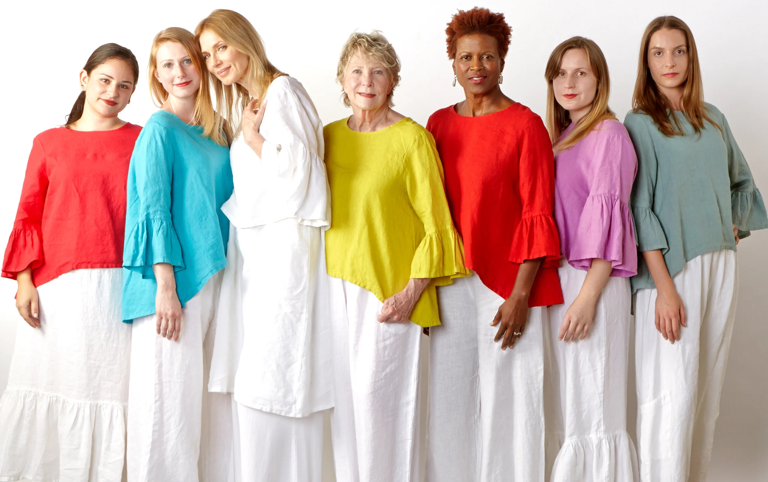  Fran Shirt in Valerian, Hvar, Oriole, Radish, Shore, Frida Shirt in White, lxia Light Linen