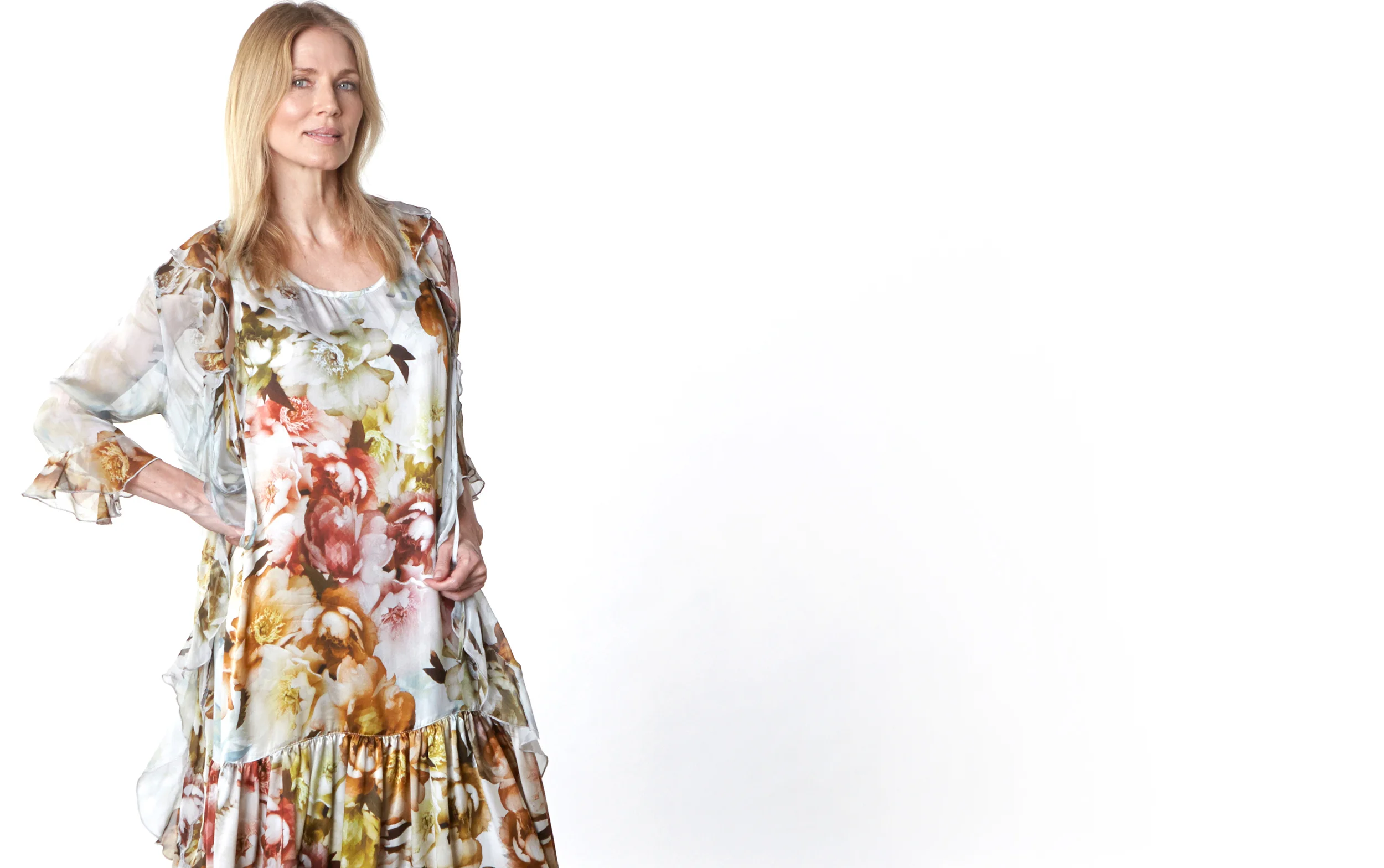 Camille Cardigan in Borghese Italian Sheer Silk, Salome Dress in Borghese Italian Silk