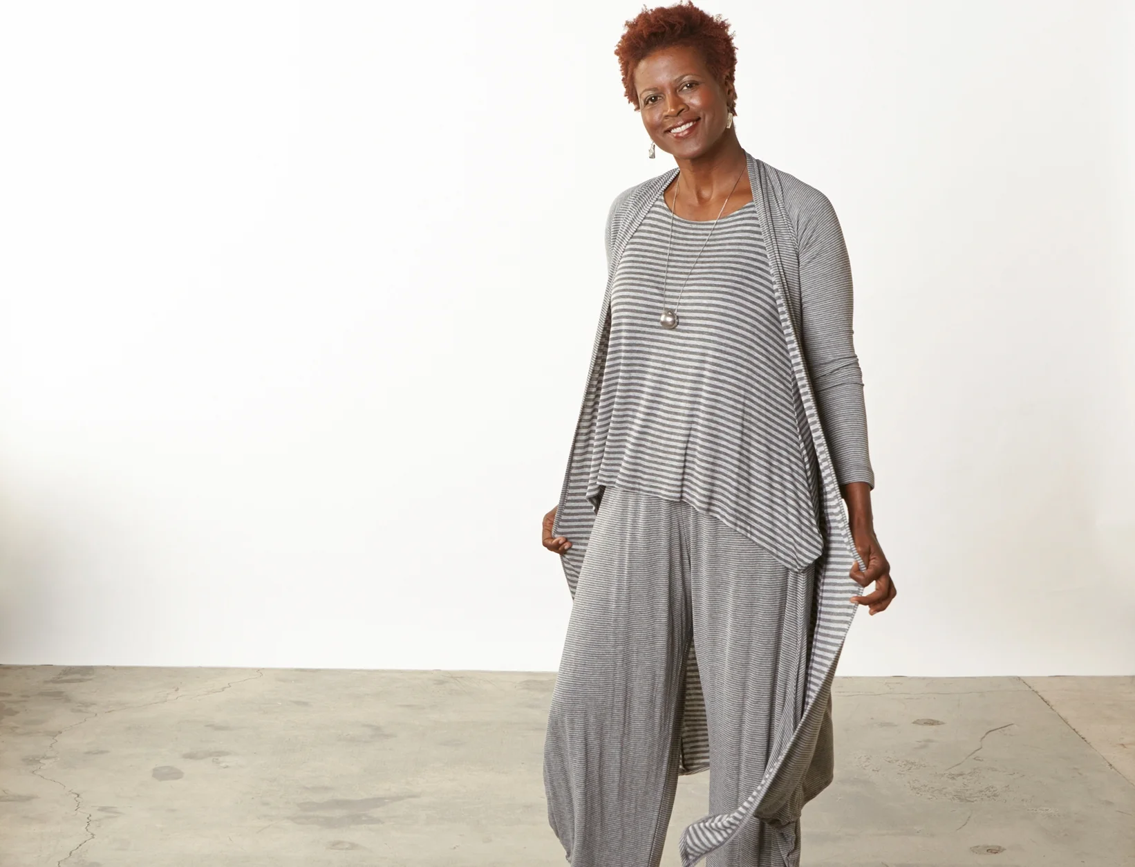 Tristan Cardigan, Renee Tank, Hamish Pant in Grey Double Stripe Jersey