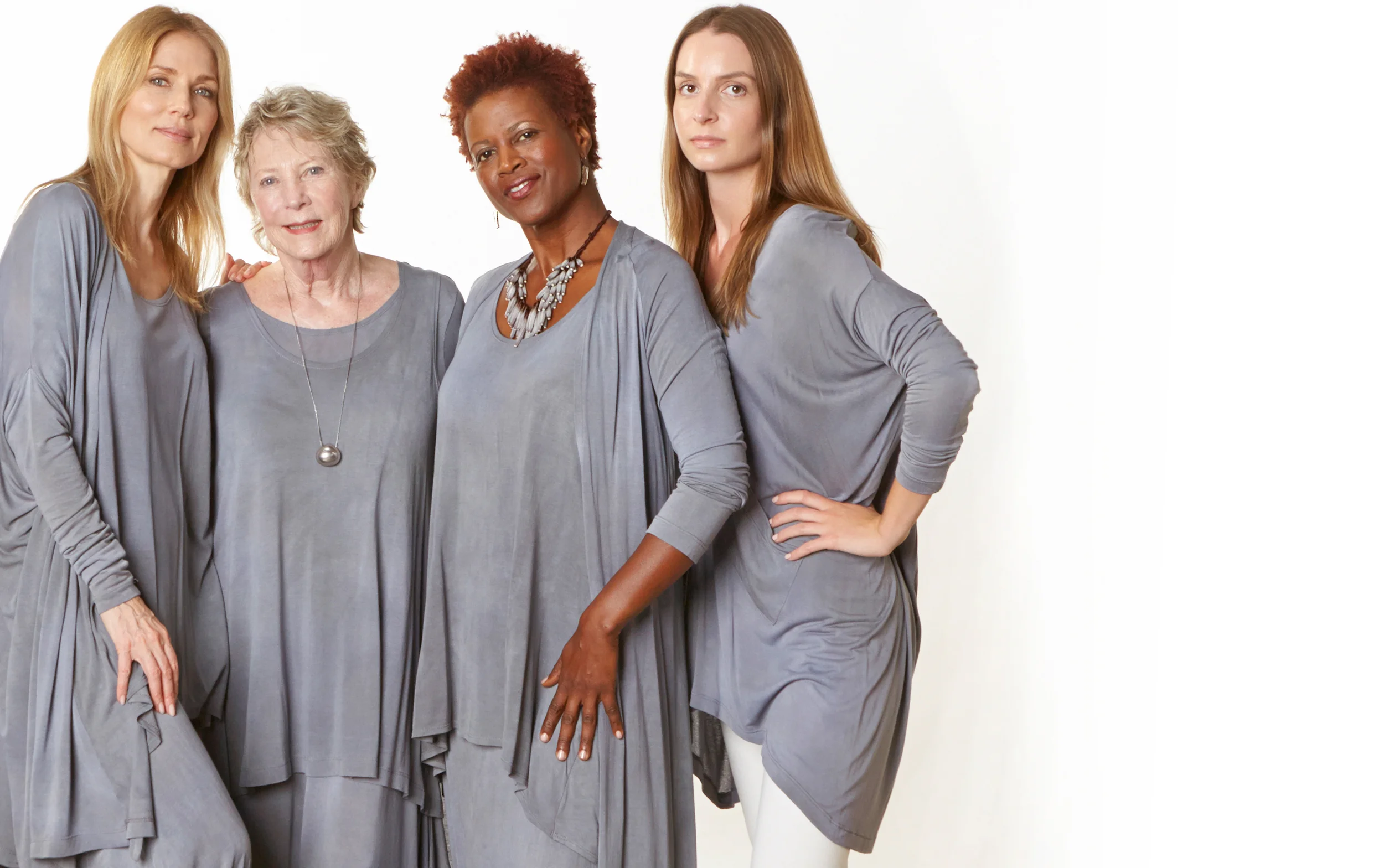Stoker Cardigan, Luis Tunic, S/S Chelsea Dress, Tristan Cardigan, Alexis Tunic in Grey Italian Tie Dye Viscose Jersey