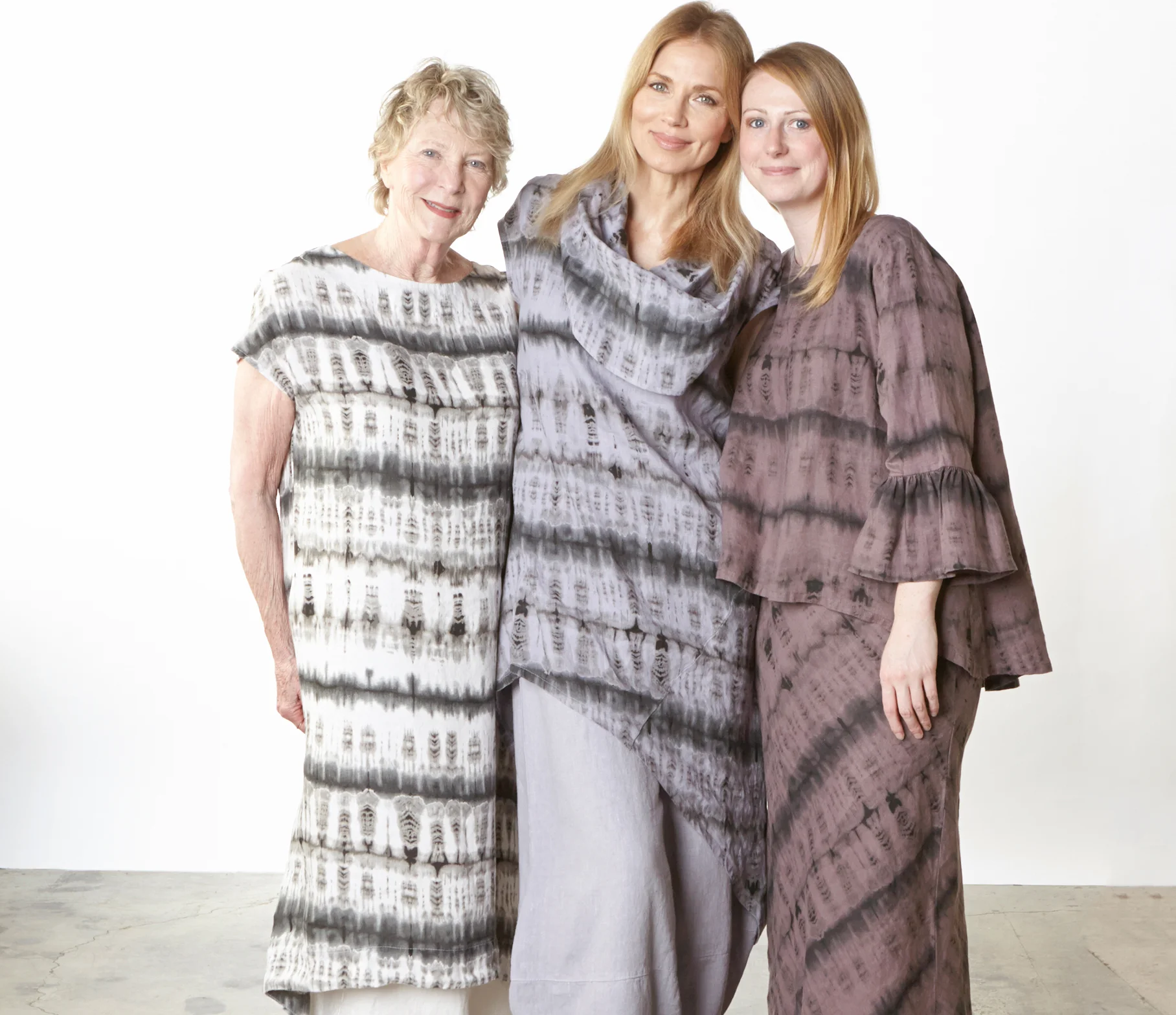Bubble Dress in Cream, Noa Tunic in Dapple, Fran Shirt, Long Bias Skirt in Easel Tie Dye Linen, Oliver Pant in Dapple Light Linen 