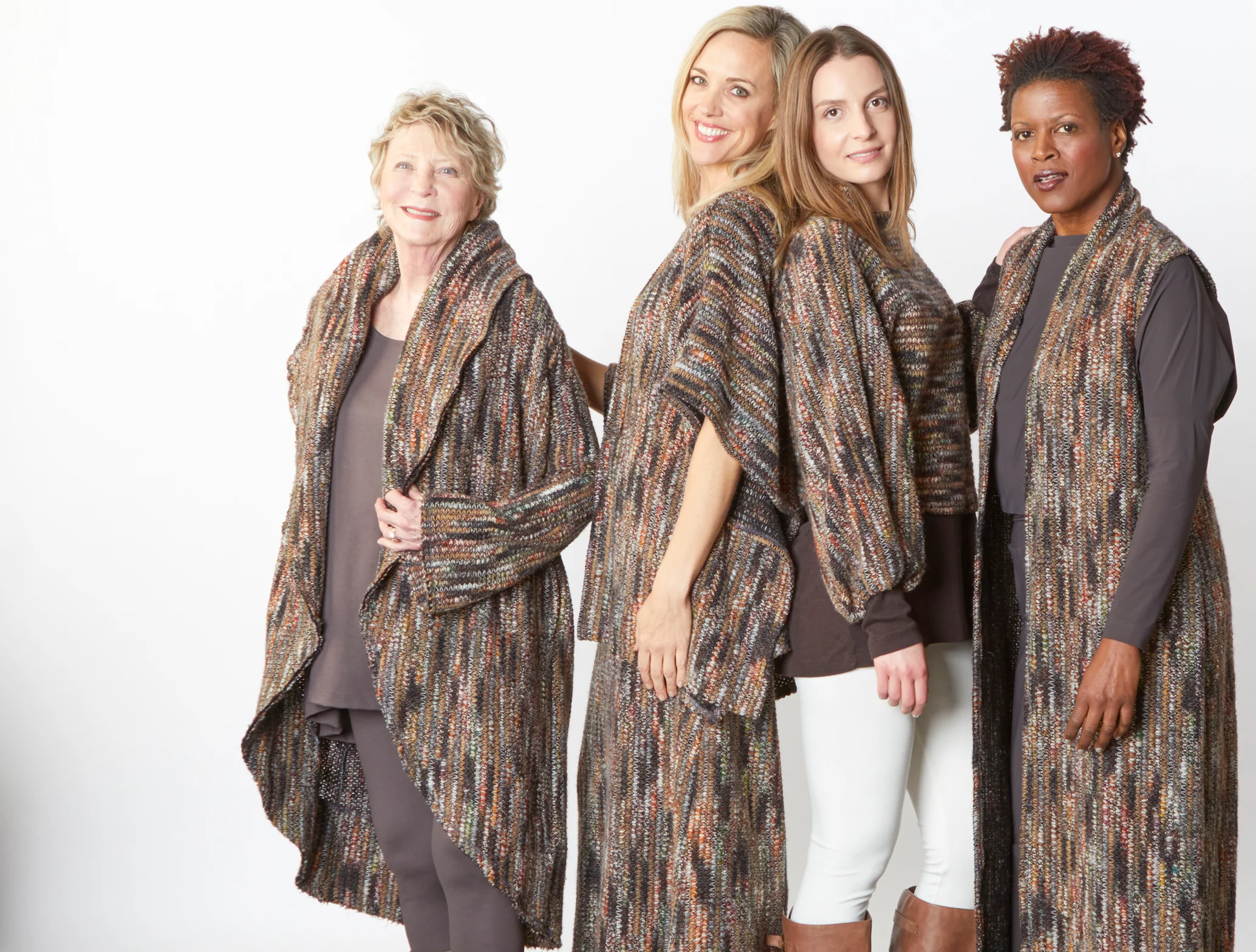 Wrap Coat, Bobbi Dress, Wrap Poncho, Anna Shirt, Edwin Vest in Multi Italian Crochet, Liam Tunic, Legging in Mocha Modal Ponti, Mitri Shirt, Hamish Skirt in Chocolate Italian Microfiber Jersey