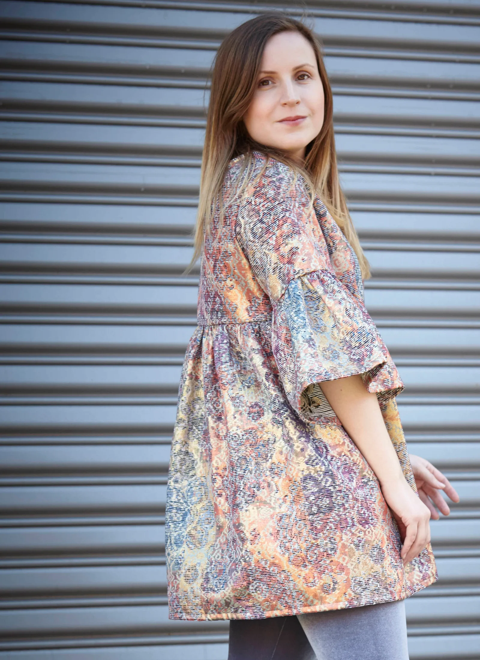 Diego Tunic in Circo Italian Mistero Tapestry, Legging in Grey Italian Stretch Velvet
