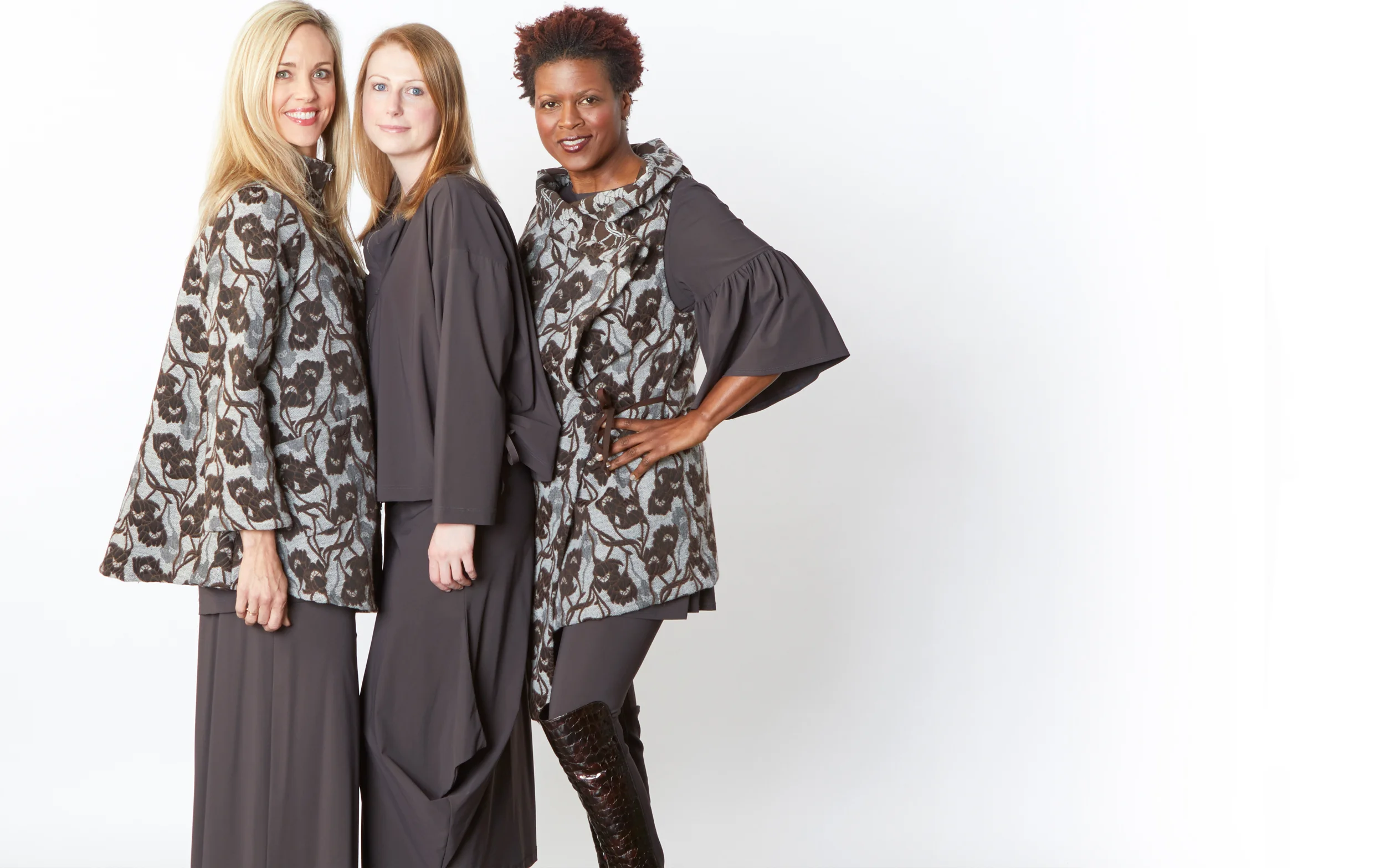 Marz Jacket, Julie Vest in Multi Ready for Lyon, Irene Jacket, Hamish Skirt, Diego Tunic, Legging in Chocolate Italian Microfiber Jersey