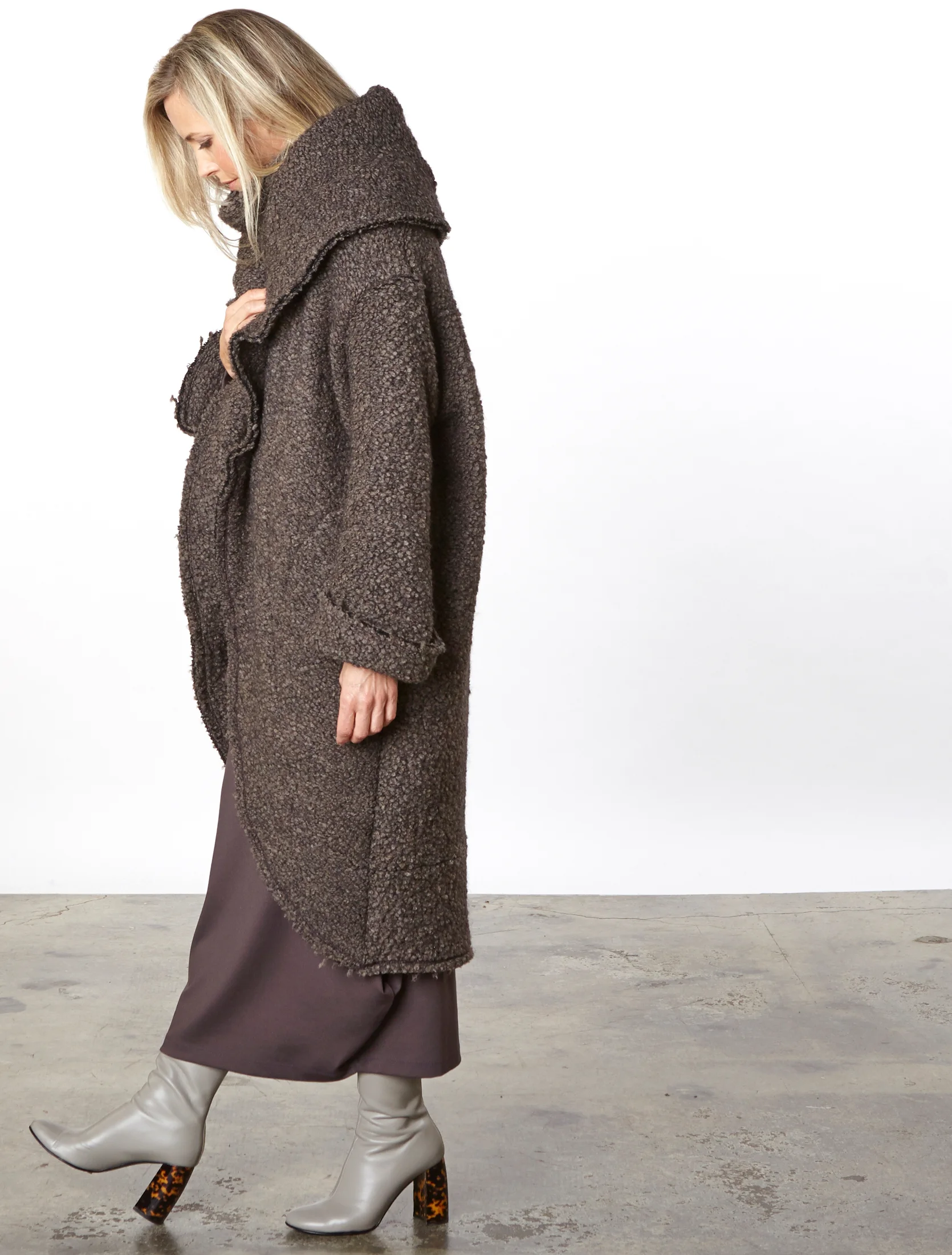 Wrap Coat in Orso Italian Boucle, Ilse Dress in Mocha Modal Ponti