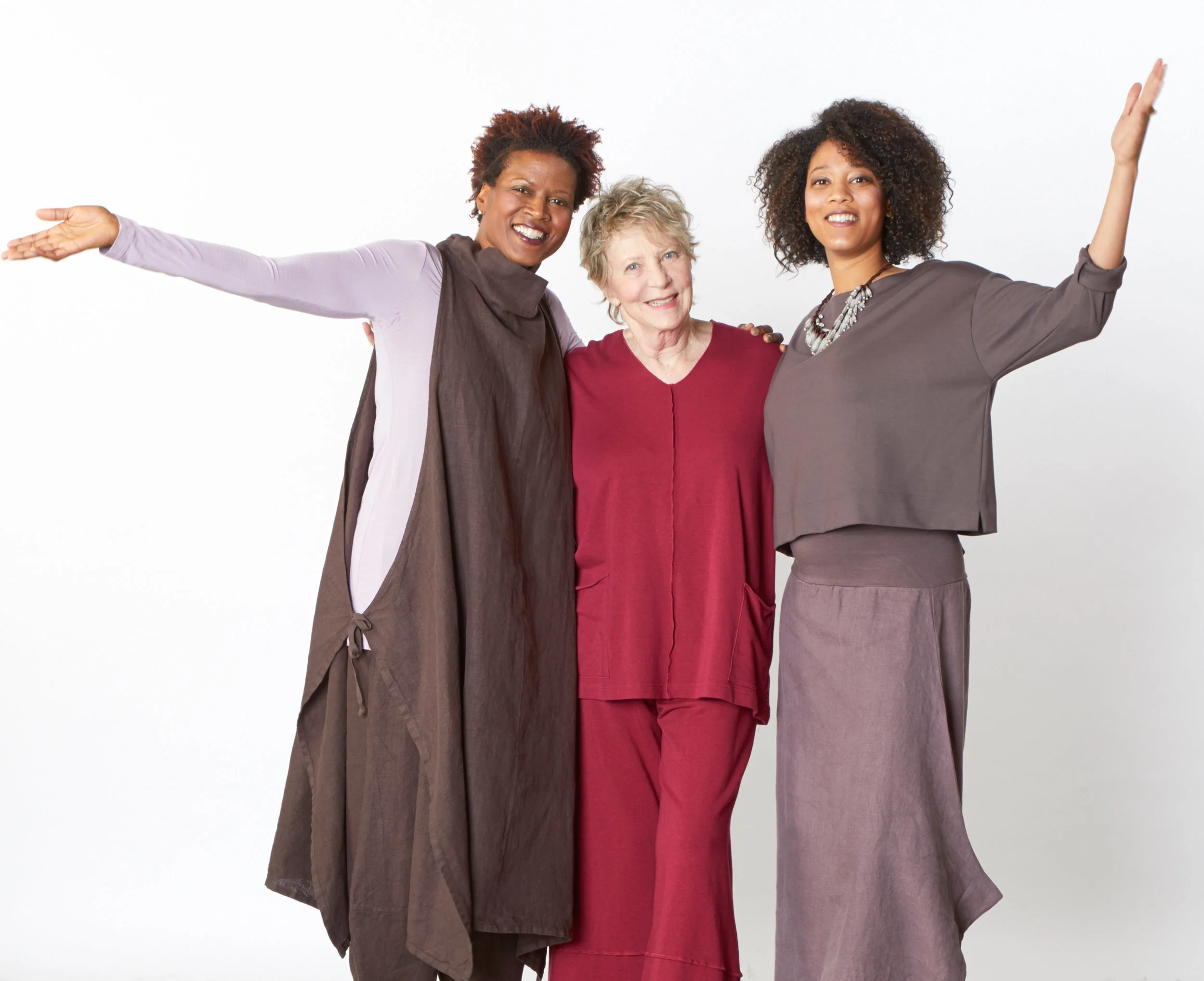 Gray Vest, Oliver Pant in Tiramisu, Hamish Skirt in Portrait Heavy Linen, Gabo Tunic in Veil Micro Modal, Sunday Shirt, Crop Full Pant in Gamay Bamboo French Terry, Button Back Shirt in Mocha Modal Ponti in Tiramisu Organic Bamboo Cotton
