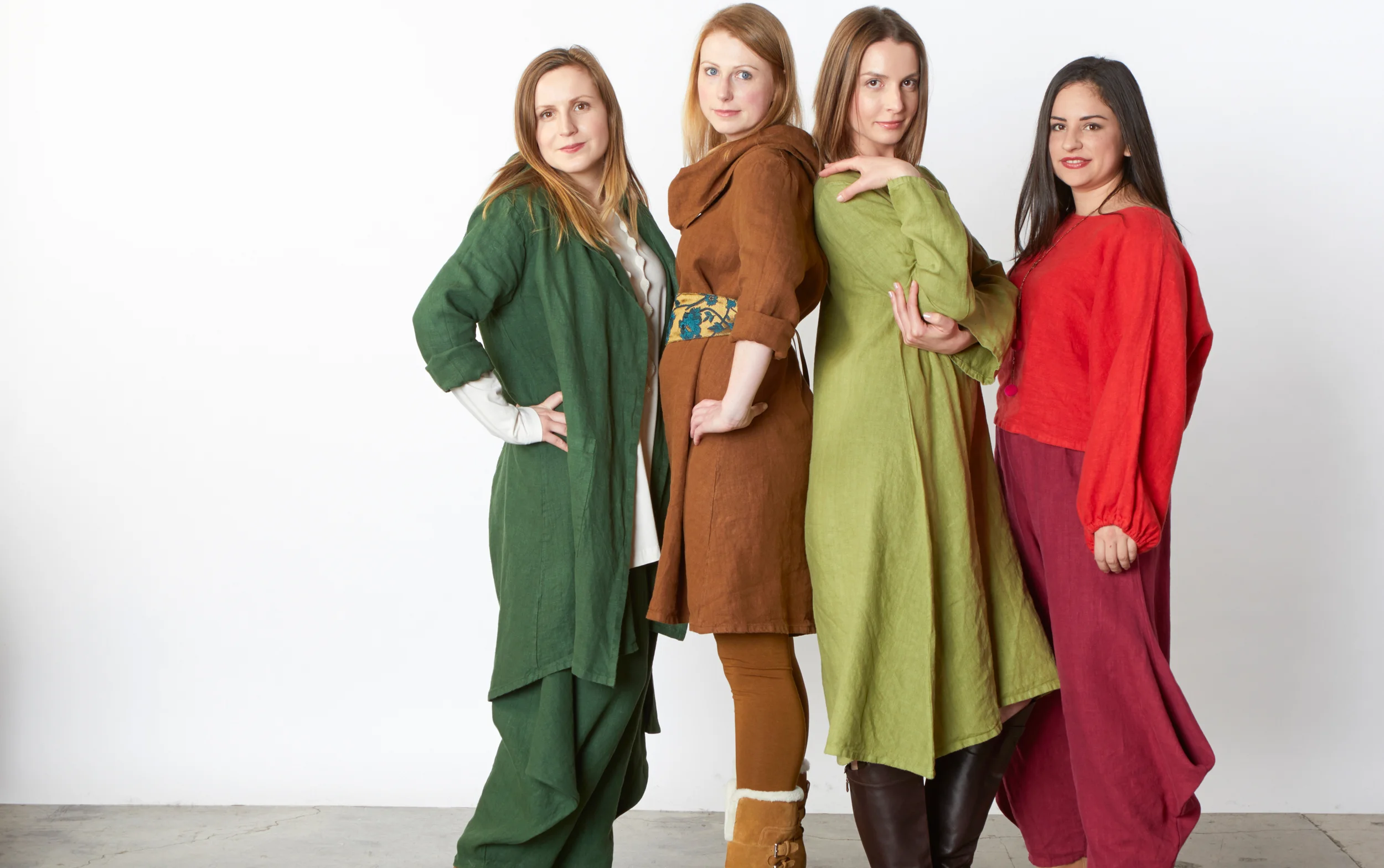 Morgen Jacket, Hamish Pant in Arborist, L/S Nolan Tunic in Equestrian, Linus Dress in Lime, Anna Shirt in Songbird, Hamish Pant in Gamay Heavy Linen