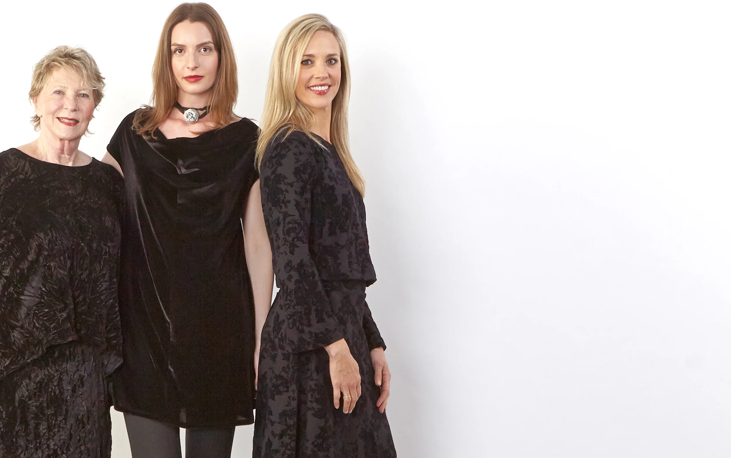 Fran Shirt, Long Bias Skirt in Black Italian Crushed Velvet, Drape Tank in Black Italian Stretch Velvet, Wendy Shirt, Sean Skirt in Black Italian Fiore Floccato