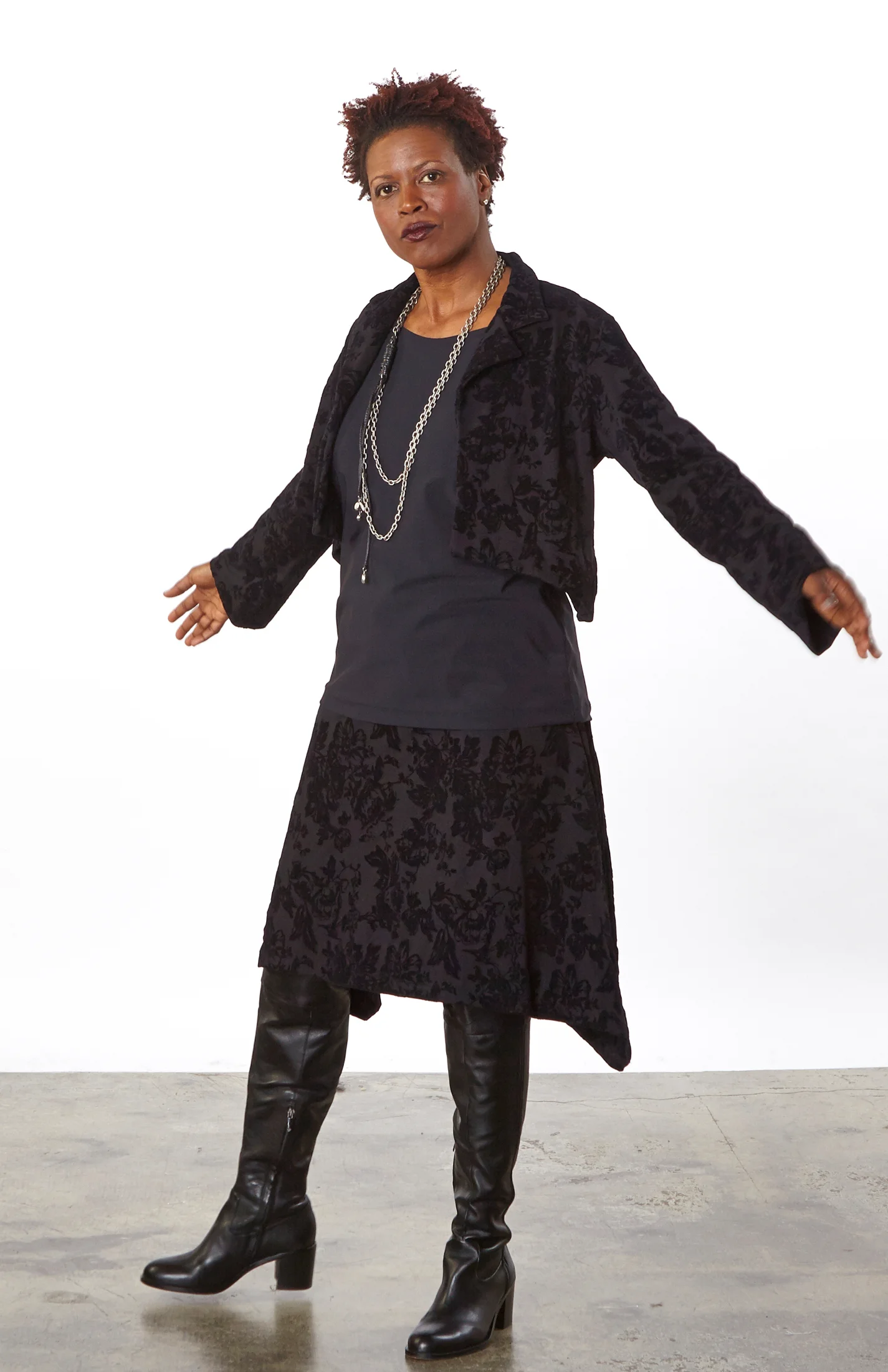 Hathaway Jacket, Sean Skirt in Black Italian Fiore Floccato