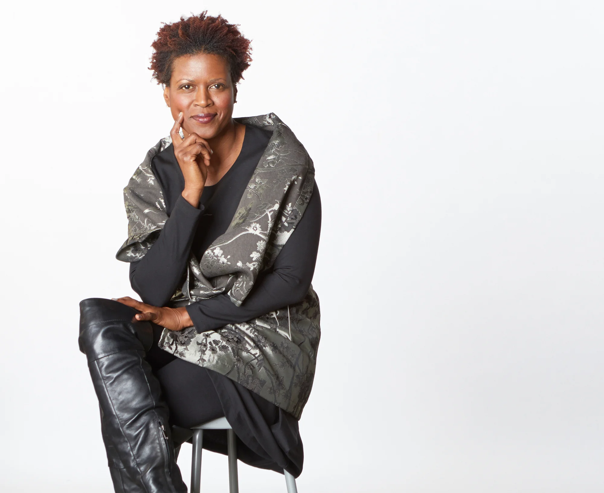 Julie Vest in Silver Broccatello Fiori, Chase Tunic in Black Modal Ponti