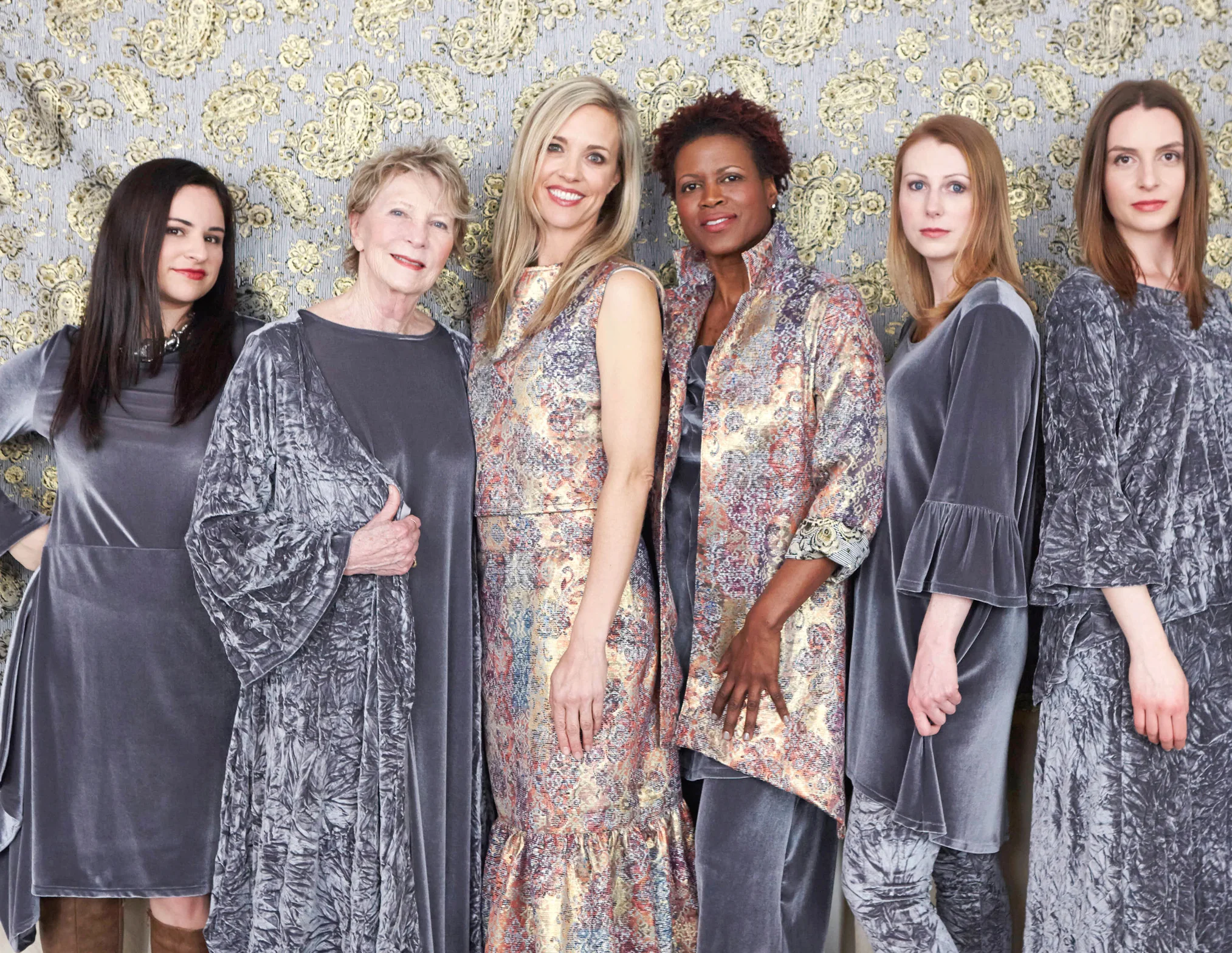 Crop Vest, Ruffle Skirt, Benedict Jacket in Circo Italian Mistero Tapestry, Drape Tank, Palazzo Pant, Natalia Dress, Phryne Tunic in Grey Italian Stretch Velvet, Sybilla Jacket, Fran Shirt, Long Bias Skirt in Grey Italian Crushed Velvet