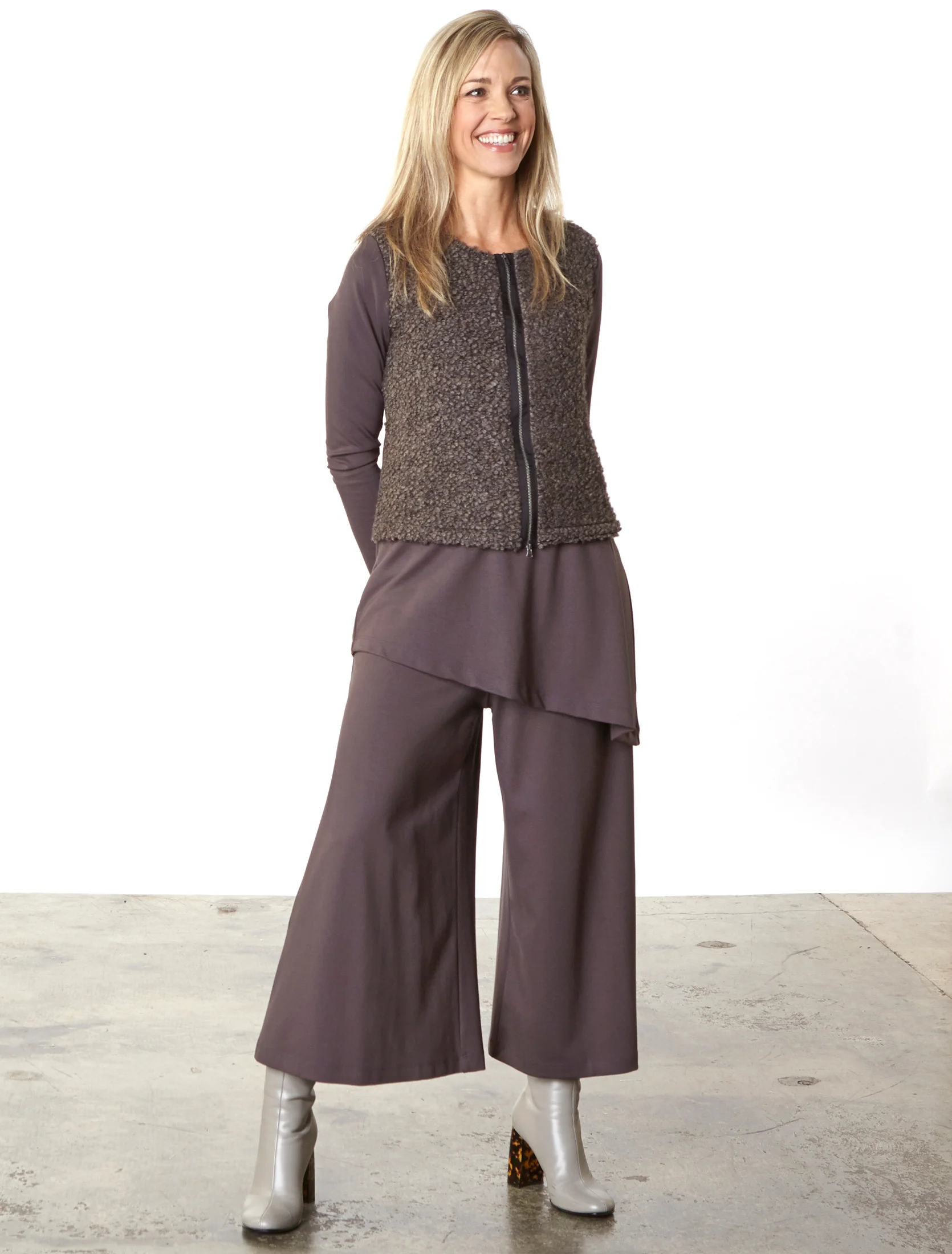 Betz Cardigan in Orso Italian Boucle, Una Tunic, Ella Pant in Mocha Modal Ponti